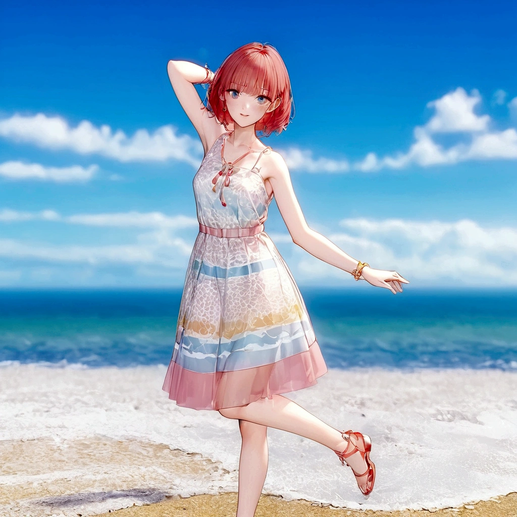 There is a woman in a dress standing on the beach, sayori, whole body:: sunny::, Standing near the beach, Cute 3D anime girl render, Fashion pose, Dancing on the beach, She is dancing. Realistic, Asuka as a surfer model, change, !!whole body portrait!!, Girl on the beach, Stylish pose