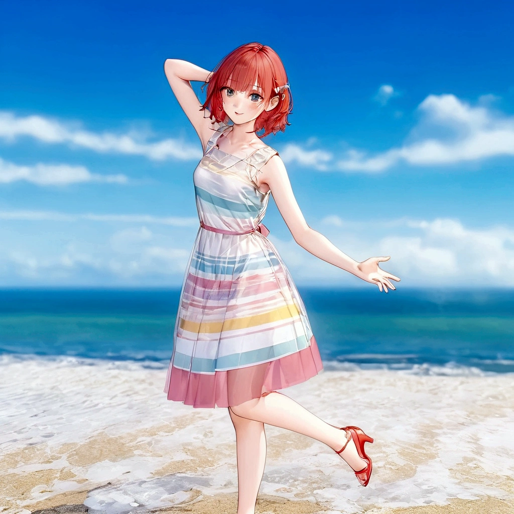 There is a woman in a dress standing on the beach, sayori, whole body:: sunny::, Standing near the beach, Cute 3D anime girl render, Fashion pose, Dancing on the beach, She is dancing. Realistic, Asuka as a surfer model, change, !!whole body portrait!!, Girl on the beach, Stylish pose