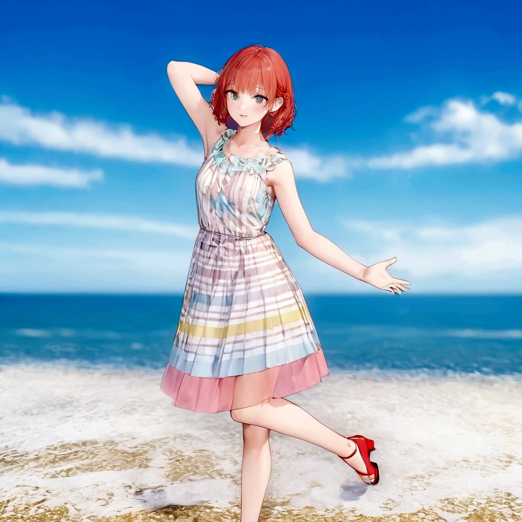 There is a woman in a dress standing on the beach, sayori, whole body:: sunny::, Standing near the beach, Cute 3D anime girl render, Fashion pose, Dancing on the beach, She is dancing. Realistic, Asuka as a surfer model, change, !!whole body portrait!!, Girl on the beach, Stylish pose