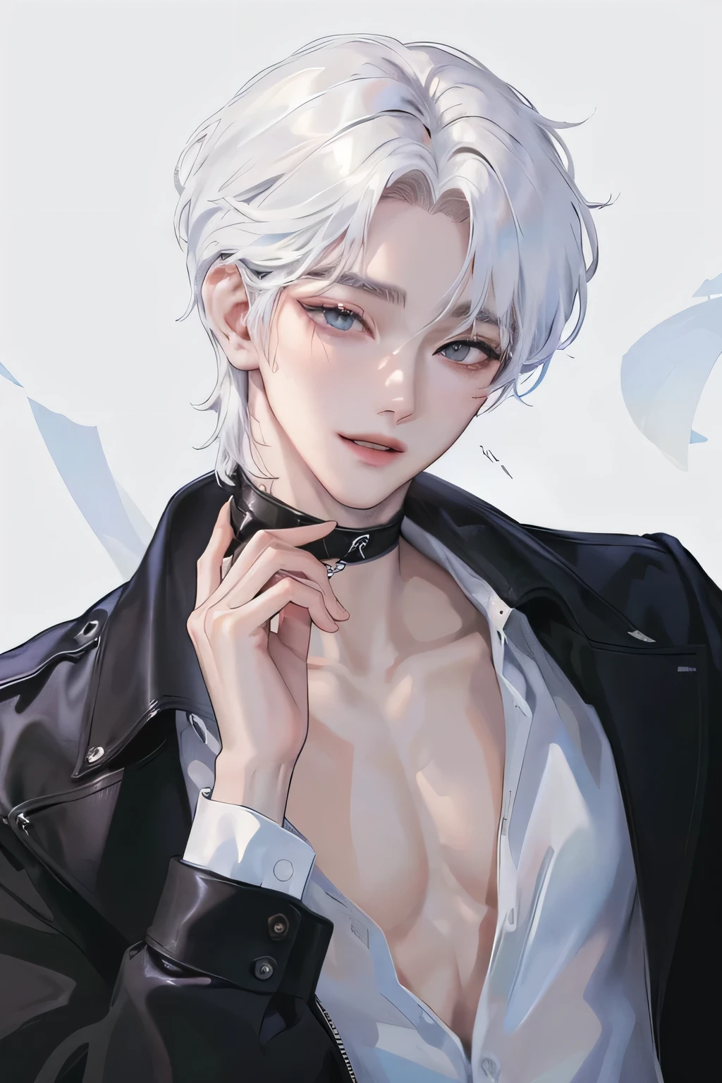 ((black hair)),((badboy)),((ulzzang)),((handsome)),((1man)),((sensuality eyes)),((male)),((short wolf cut hairstyle)),((center)),((8k resolution)),((perfect hands)),((model)),((pose)),((sony A7 Mark 3)),((lens 50mm)),((white studio)), ((Adult 30 years old))、Cool Men、((Wild features))、((Wild look))、((smile expressions))、((Diamond face))、((Thin Almond Eyes))、Slim body、((Sick Man))、((Mine Man)), White Hair, Blue Eyes.