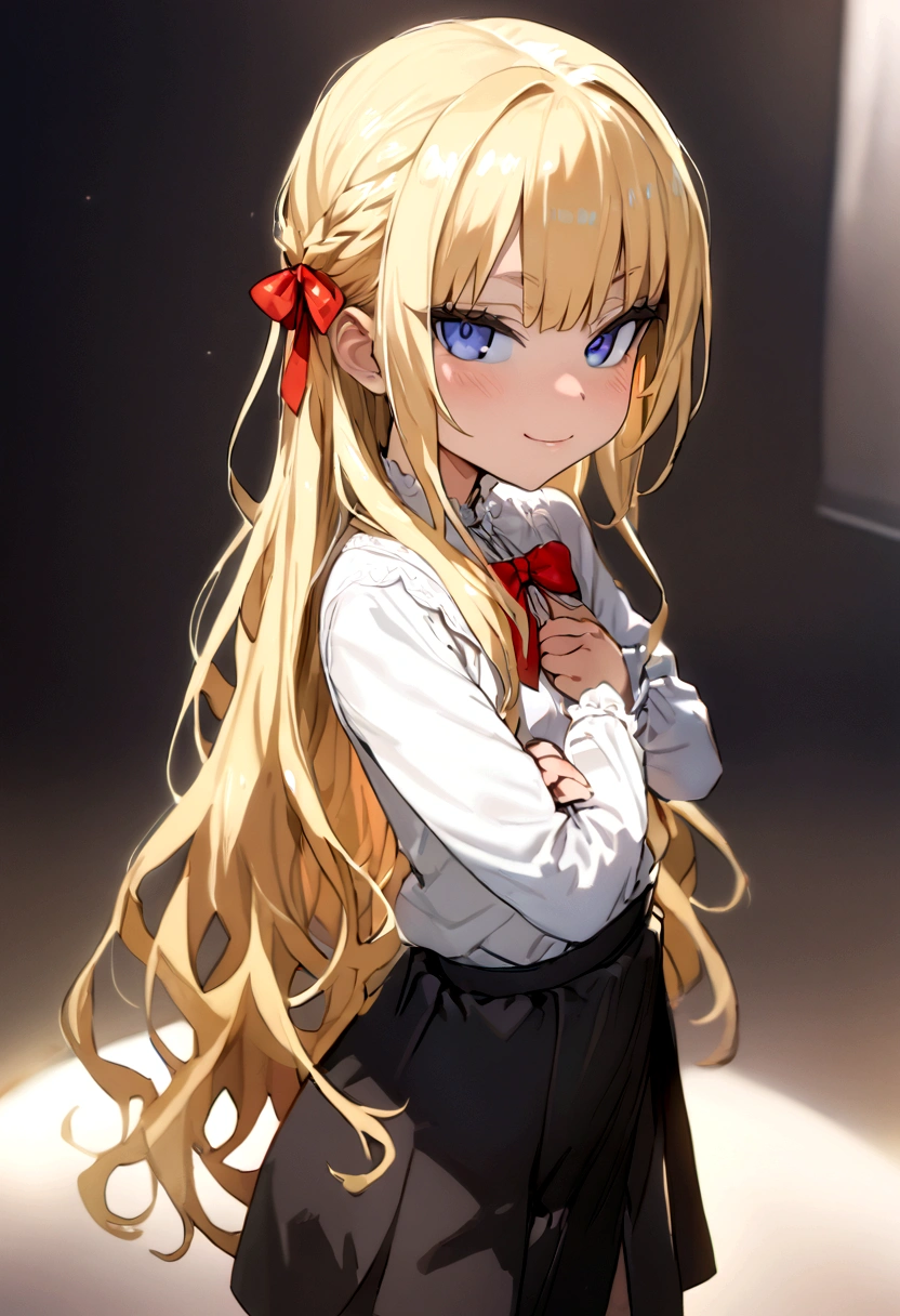 masterpiece, best quality, 1girl, solo, , bangs, long hair, blonde hair, blue eyes, smug, smile, small breasts, white blouse, red bow, black skirt, , looking at viewer