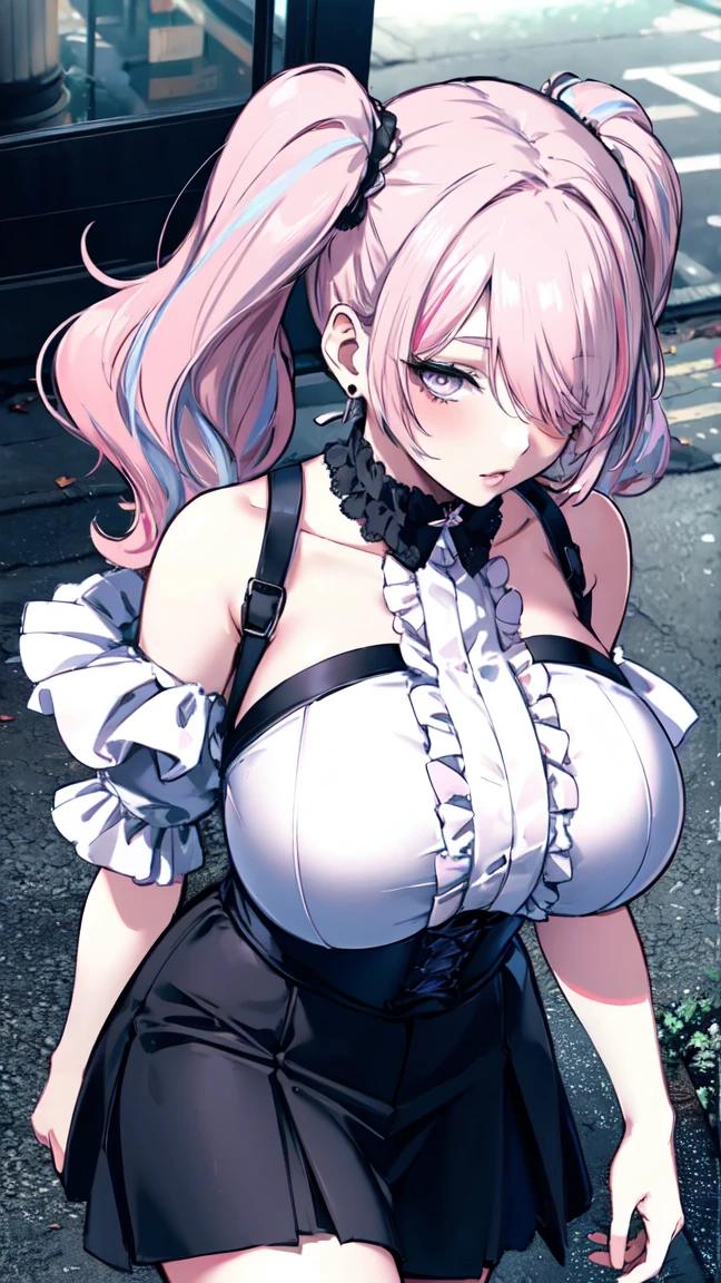 Saggy breasts,Mature Woman,Huge breasts, Huge breasts,alone,fix,((teasing)),eye shadow,lip,Glossy eyelashes,Pink Hair,Black Hair, ((Two-tone hair)),Twin tails,Earrings, Detailed decoration, oh,Half-eye,Embroidered, corset, Suspender skirt, Frilled Skirt, Off-the-shoulder knit, Extra large size, Baggy clothes, lipニット, Puff sleeves, Long Hair, Curly Hair,From an angle,Dynamic Angle, throw,From above ,(Hand Focus),(((pastel colour))), Wide-angle,Walking around the city, bag,