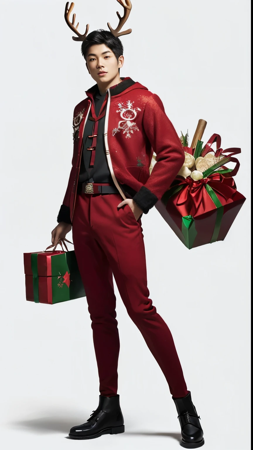 A person wearing red clothing、Man with deer antlers, (A young Asian man),Christmas,Christmas clothes, Carrying gifts, Created by senior character artists, Beautiful full body concept art, No More Heroes concept art, New clothing concept design