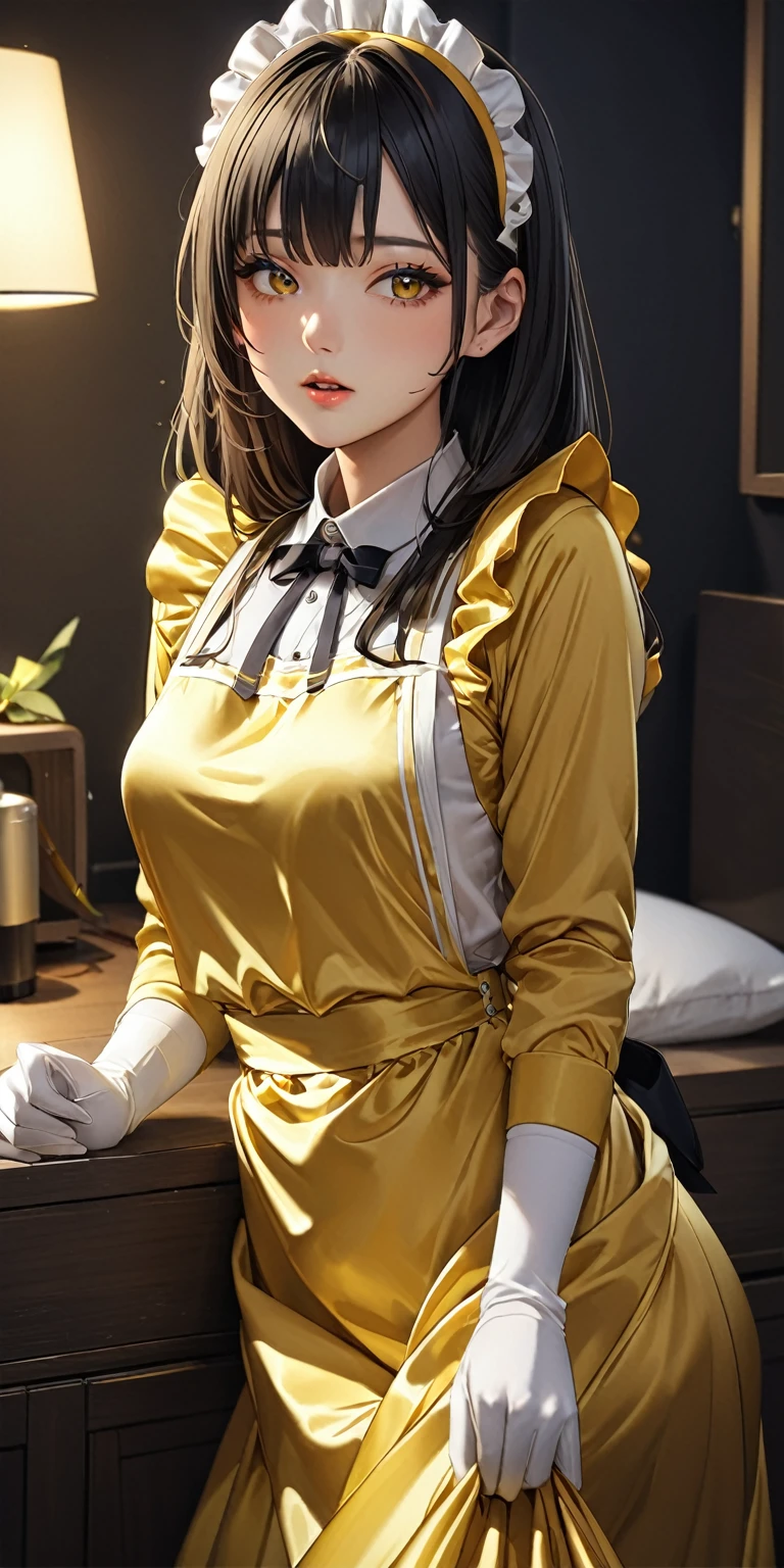 (masterpiece,highest quality,超A high resolution),Japanese women, (((Very beautiful 25 year old girl))),(Yellow satin maid outfit)、((Yellow satin long skirt that fits snugly))、(Yellow satin long sleeve shirt)、Yellow satin long gloves、Yellow satin apron、The clothes fit snugly to the body、Satin has a very high shine.、Dark Room