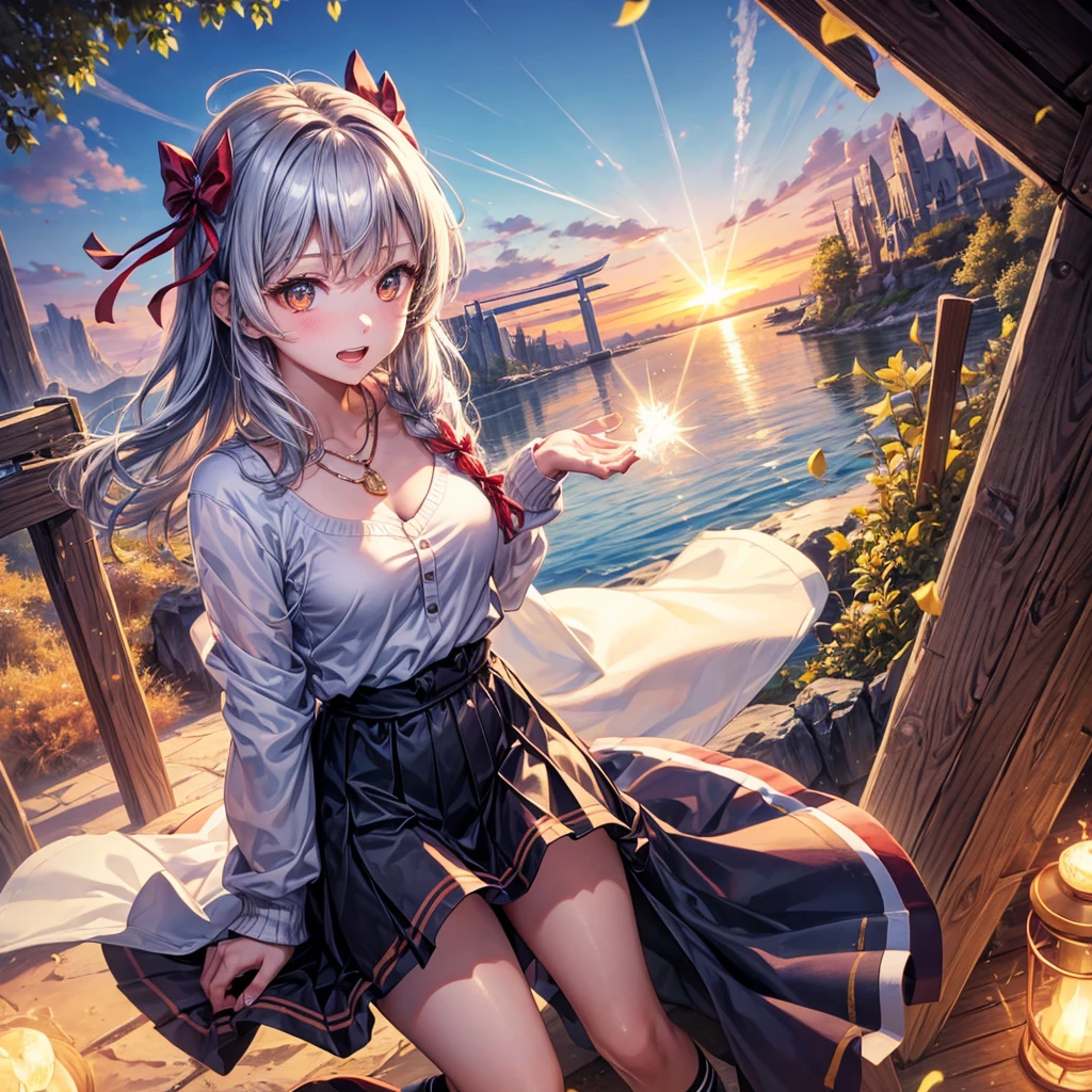 Red Blue Gold Hair、Golden Eyes、Braid、One good looking girl、solo、anime、Checkered mini skirt、Ruffles on the skirt、camisole、cardigan、Black knee-high socks、Wearing a baseball cap、Wearing a ribbon、Ribbon on waist、Tilting face、Teeth are visible、Sunset sky、Piercing the clouds、Contrail、Cumulonimbus、Pillar of Light、Silver coin necklace、A world of light、shine、From above、bell、torii、Desert Oasis、water is gushing out、Sparks are flying、Steps