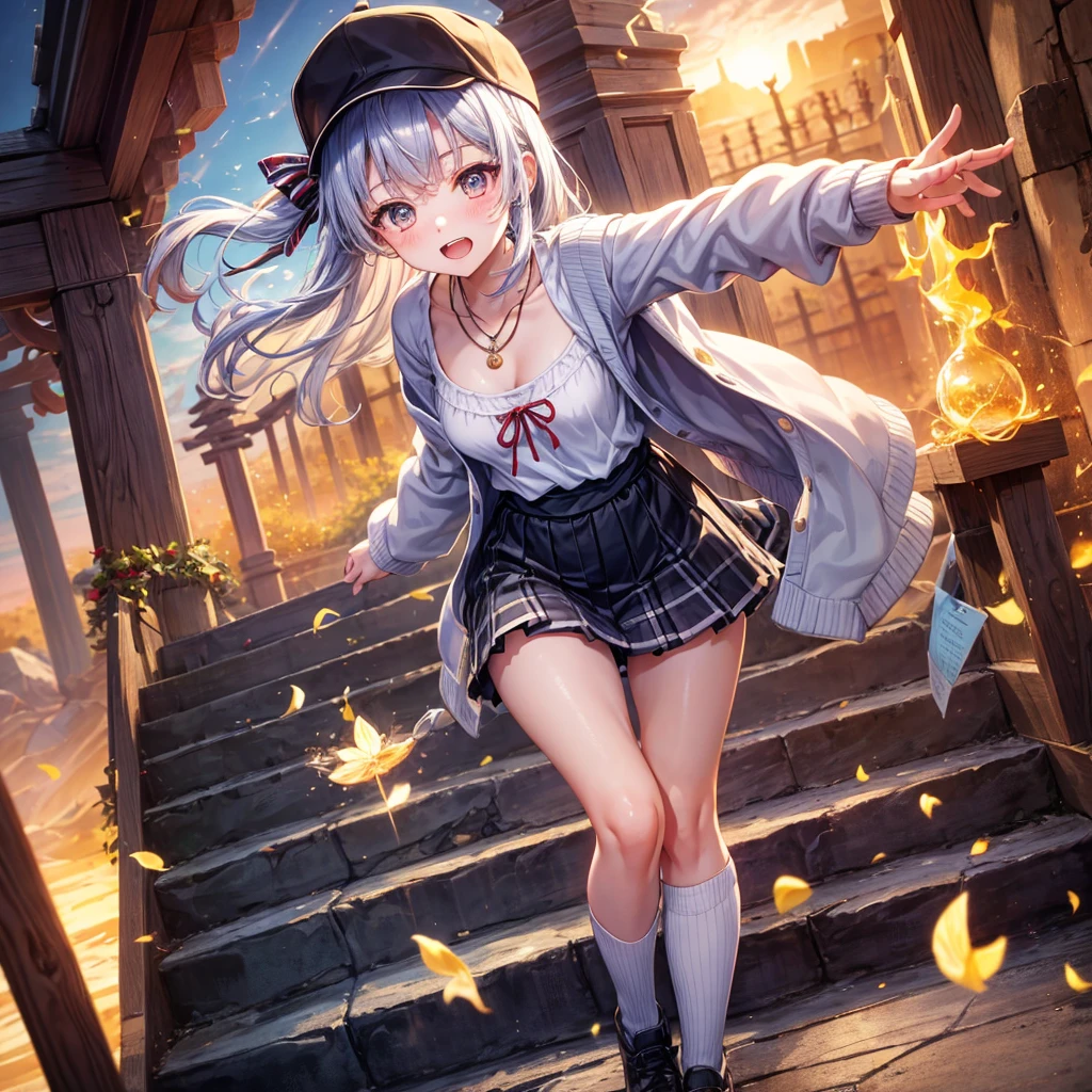 Red Blue Gold Hair、Golden Eyes、Braid、One good looking girl、solo、anime、Checkered mini skirt、Ruffles on the skirt、camisole、cardigan、Black knee-high socks、Wearing a baseball cap、Wearing a ribbon、Ribbon on waist、Tilting face、Teeth are visible、Sunset sky、Piercing the clouds、Contrail、Cumulonimbus、Pillar of Light、Silver coin necklace、A world of light、shine、From above、bell、torii、Desert Oasis、water is gushing out、Sparks are flying、Steps