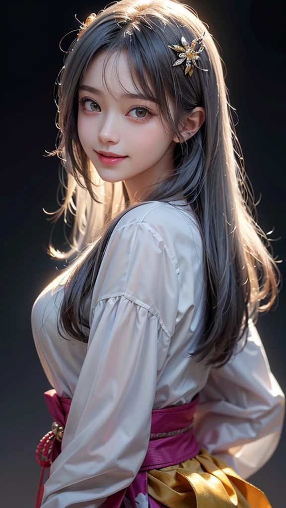 Psychedelic world , Japanese fashion、Cute 1 girl、18 year old girl、grey hair、facing forward,light smile, colorful gel background、fractal background、perfect lighting、sharp focus、High definition、high resolution、High color rendering、High resolution、Super realistic、photo realistic