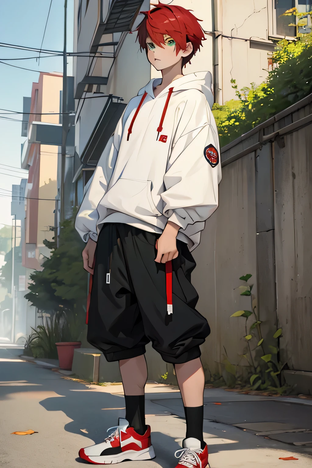 young tomboy, flat, handsome, red short hair, baggy clothes, brutal with a serious look, Full-length, sneakers, tall, green eyes.