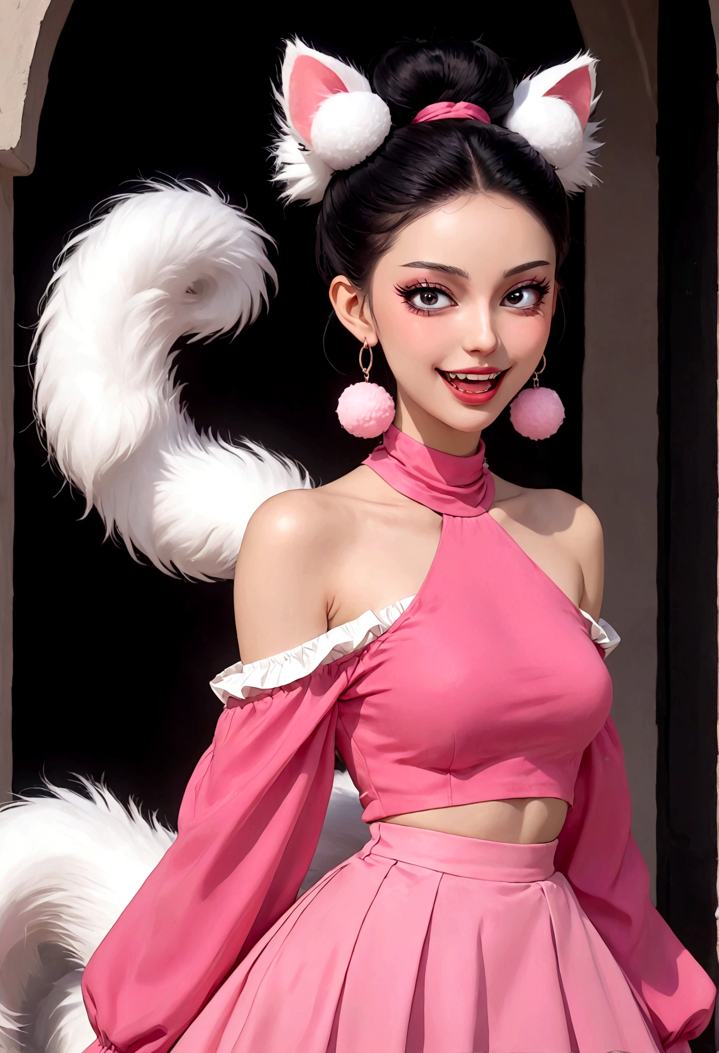 Beautiful face,beautiful eyes,Pink Eyeshadow,laughing out loud,Fangs,Big fluffy tail,Black high bun,Forehead hair,Pink pompom earrings,High Neck Off Shoulder Cropped Top,Slave skirt,,Reach out,Spells,