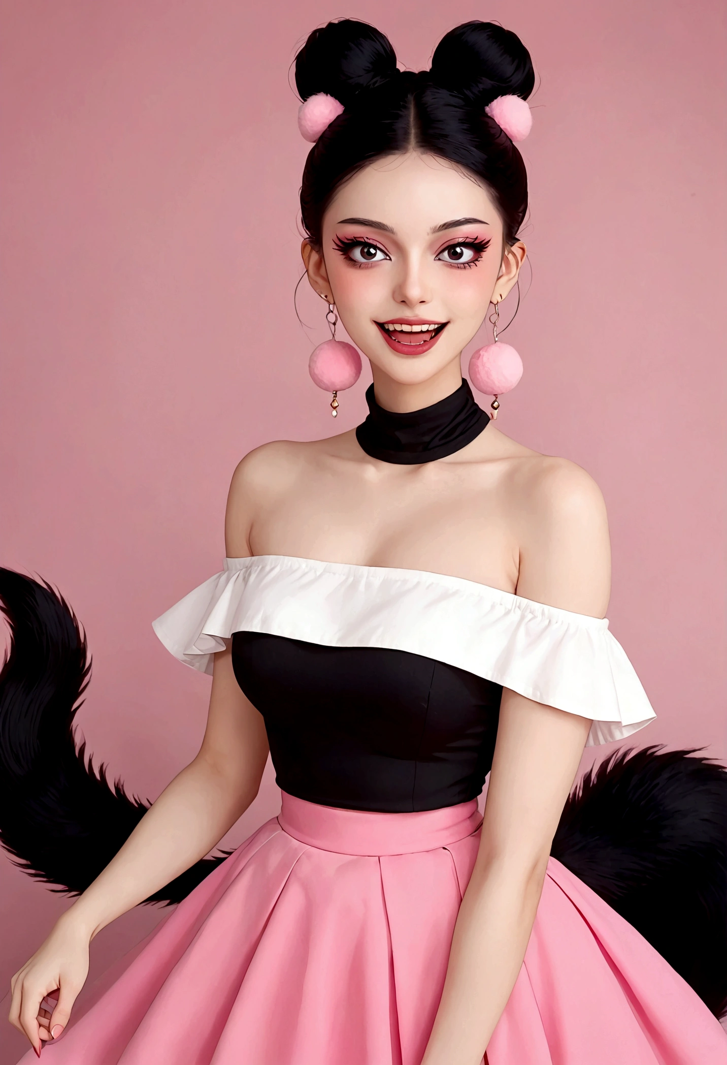 Beautiful face，beautiful eyes，Pink Eyeshadow，laughing out loud，Fangs，Big fluffy tail，Black high bun，Forehead hair，Pink pompom earrings，High Neck Off Shoulder Cropped Top，Slave skirt，，Reach out，Spells，