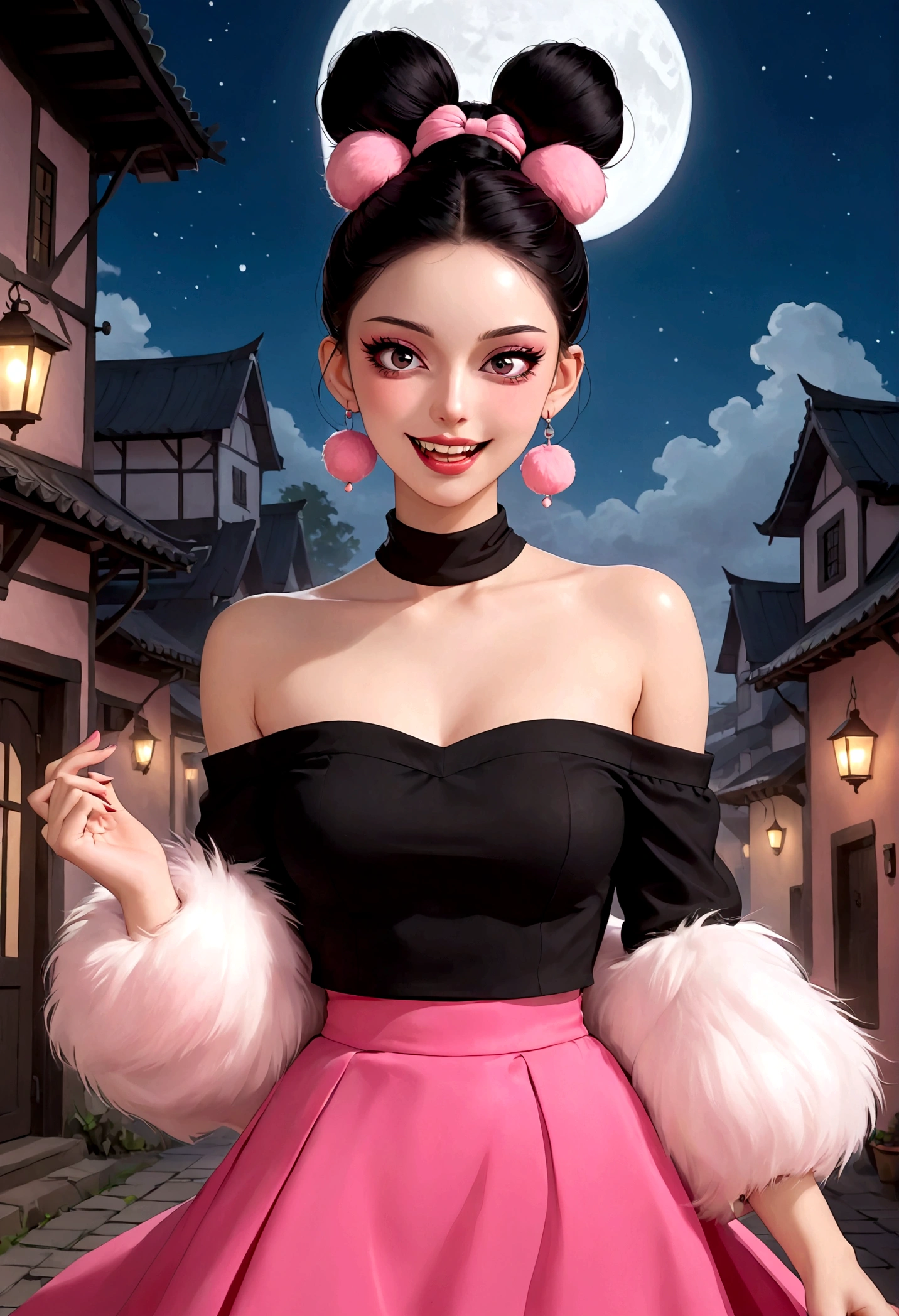 Beautiful face，beautiful eyes，Pink Eyeshadow，laughing out loud，Fangs，Big fluffy tail，Black high bun，Forehead hair，Pink pompom earrings，High Neck Off Shoulder Cropped Top，Slave skirt，，Reach out，Spells，