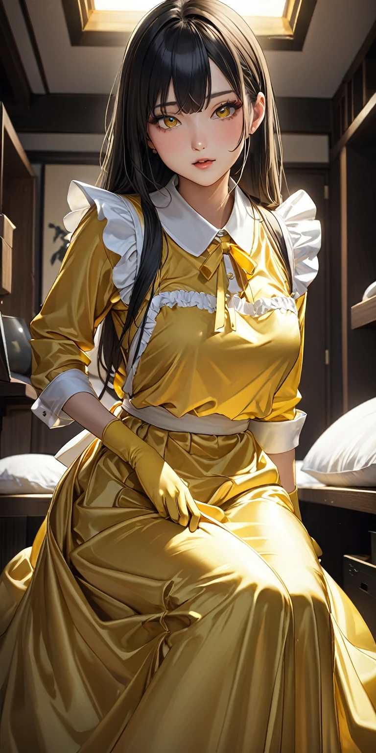 (masterpiece,highest quality,超A high resolution),Japanese women, (((Very beautiful 25 year old girl))),(Yellow satin maid outfit)、((Yellow satin long skirt that fits snugly))、(Yellow satin long sleeve shirt)、Yellow satin long gloves、Yellow satin apron、The clothes fit snugly to the body、Satin has a very high shine.、Dark Room