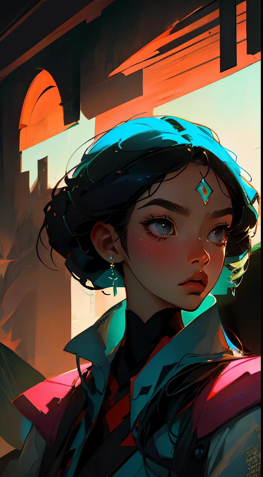 Close-up of avatar, dark clothes, minimalist accessories, High cooling temperament, modern, Warm shimmer background, flat style, Maximalism, flat illustration（Important vocabulary）（Important vocabulary）,Ichiro Tsuruta style, Cinematic texture