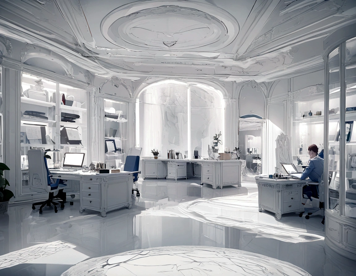 Pure white bedroom,Meticulous environment,A person in the office reflected