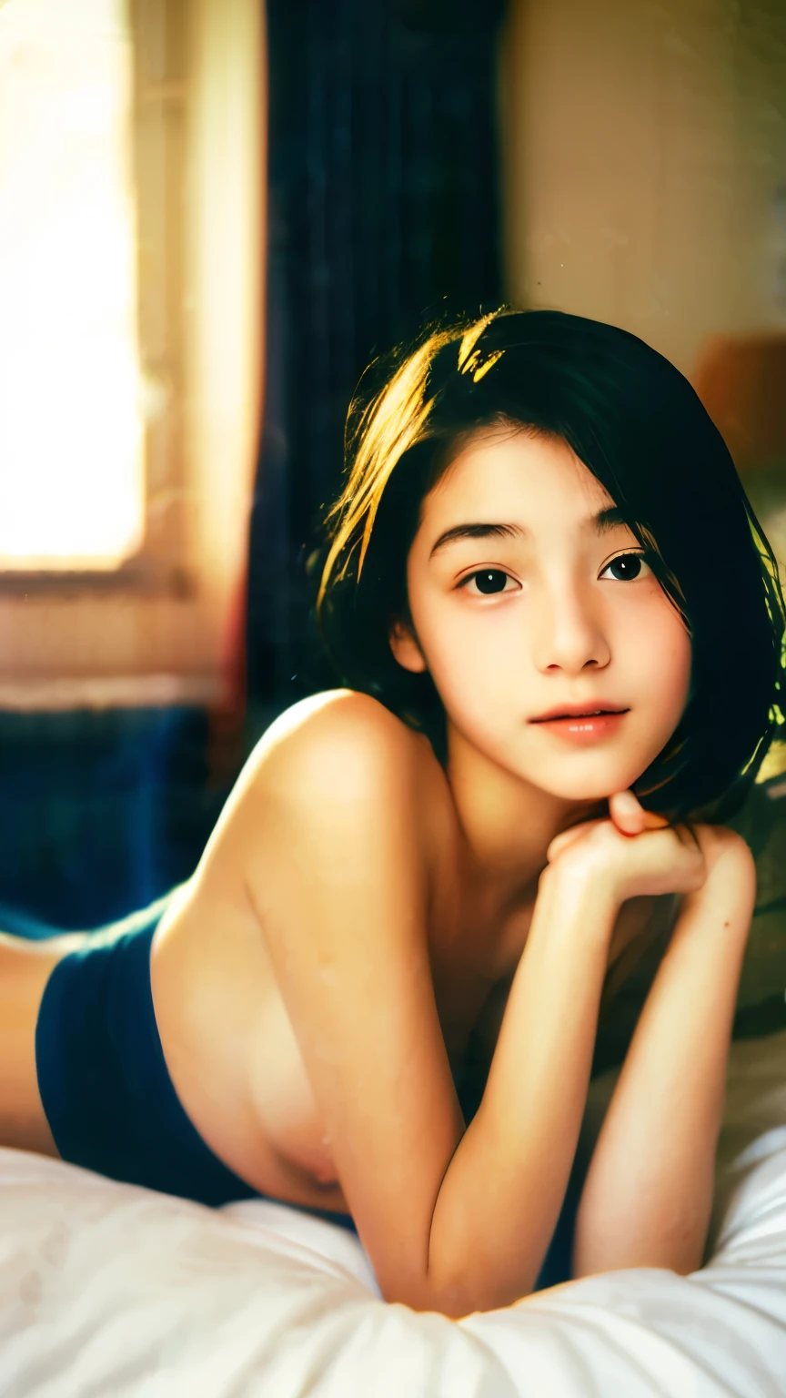 Japanese、Beauty、14-years-old、Completely naked、(Wink:1.2)、round face、plump body、bedroom、gentle expression、spread legs、pamper、, (slim, small, flat, small), Realistic, Fine grain、(David Hamilton style), overdeveloped, granulated picture, masterpiece, best quality, photo-realistic、