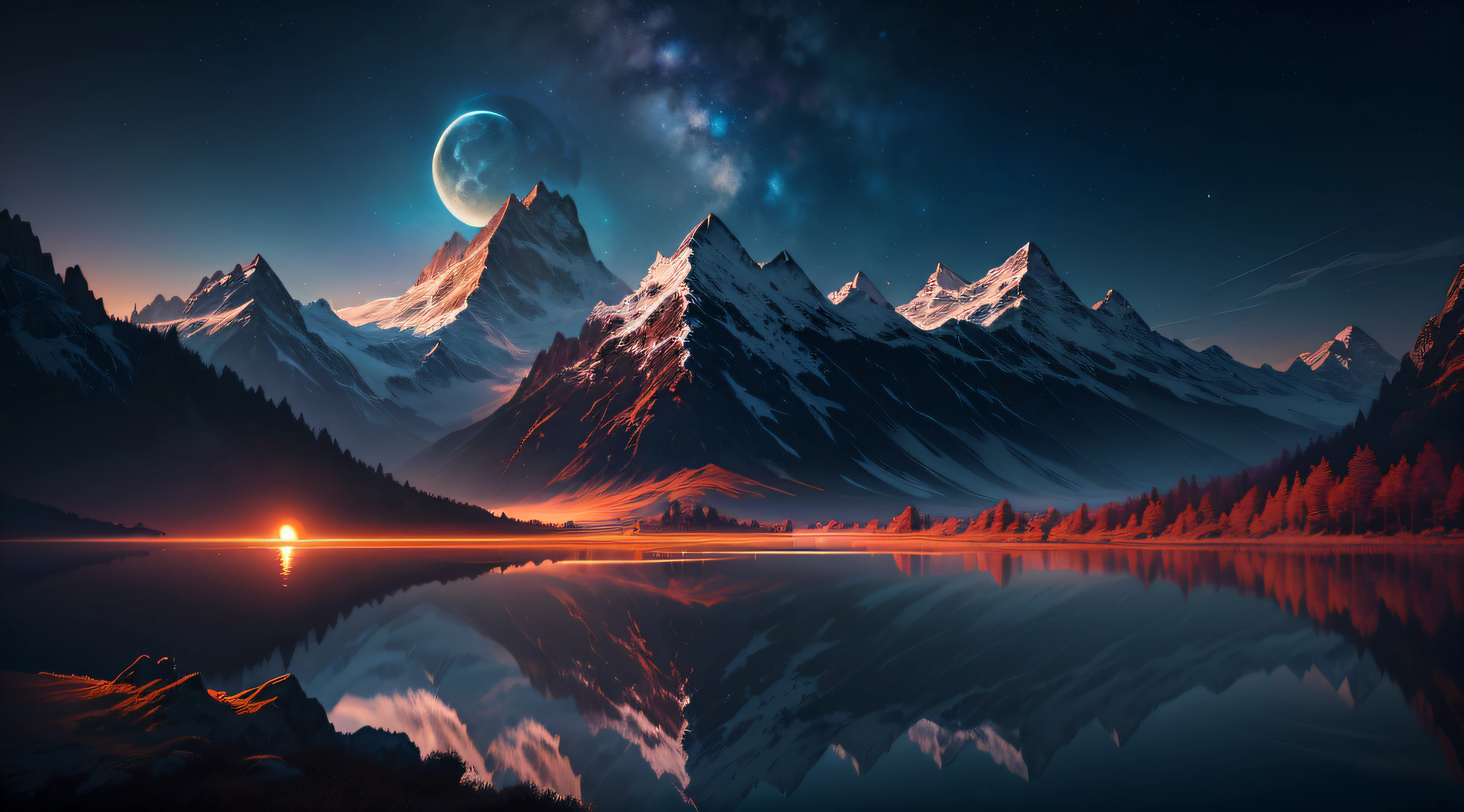 Berge und ein See mit einem Mond am Himmel, 4k hochdetaillierte digitale Kunst, 4K-HD-Hintergrundbild sehr detailliert, atemberaubende Fantasielandschaft,Fantasie mittelalterliche Desktop-Hintergrund, Unreal Engine Wallpaper 4k, 4k detaillierte digitale Kunst, mittelalterliche Fantasy-Tapete, epische Landschaft der traumhaften Fantasie, 4K HD matte digitale Malerei, 8k atemberaubende Kunst