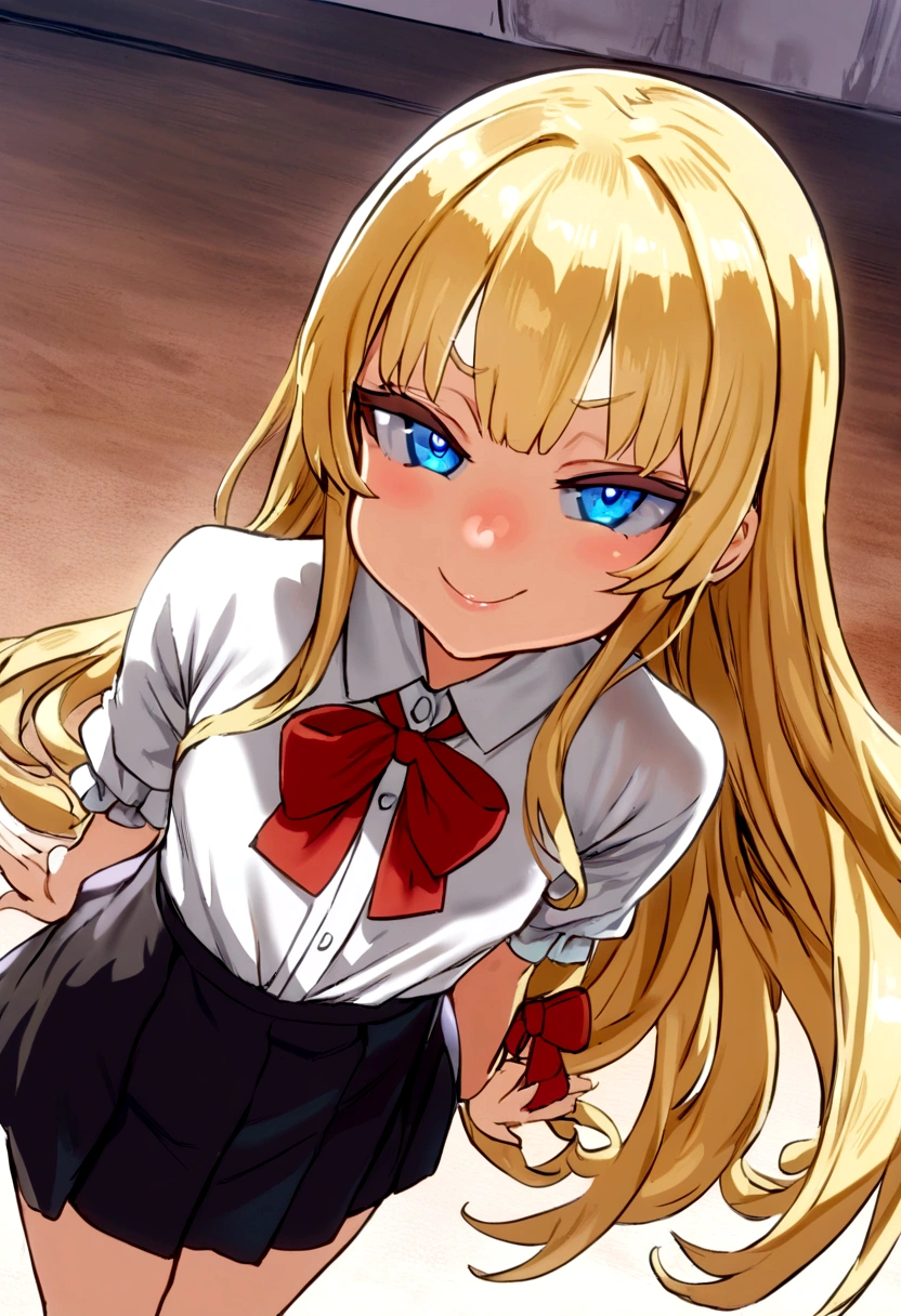 masterpiece, best quality, 1girl, solo, Loli, bangs, long hair, blonde hair, blue eyes, smug, smile, small breasts, white blouse, red bow, black skirt, , looking at viewer