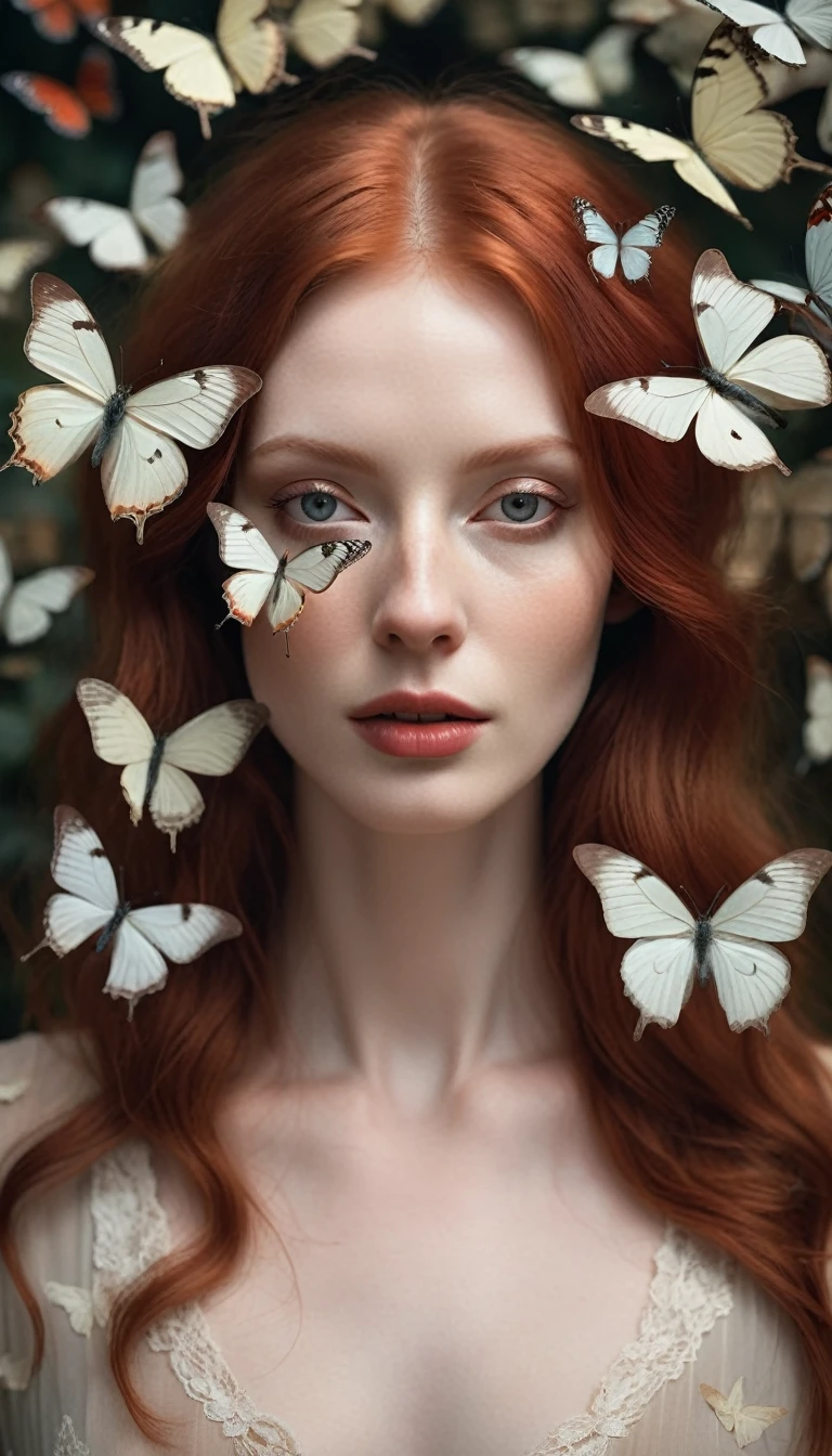 Portrait of a young woman with pale skin, red hair and delicate facial features.
On the face and around it there are large light butterflies, which partially cover her eyes and other parts of her face.
The facial expression is neutral, with slightly open lips, which adds a dreamy and mysterious look to the image.
The image is made in soft, in muted tones with an emphasis on the details of the butterflies and the face.
The background is dark, which emphasizes the contrast between him and the light butterflies and face.
The overall style of photography is surreal, with a focus on the combination of nature and human traits, creating an atmosphere of mystery and dreaminess.