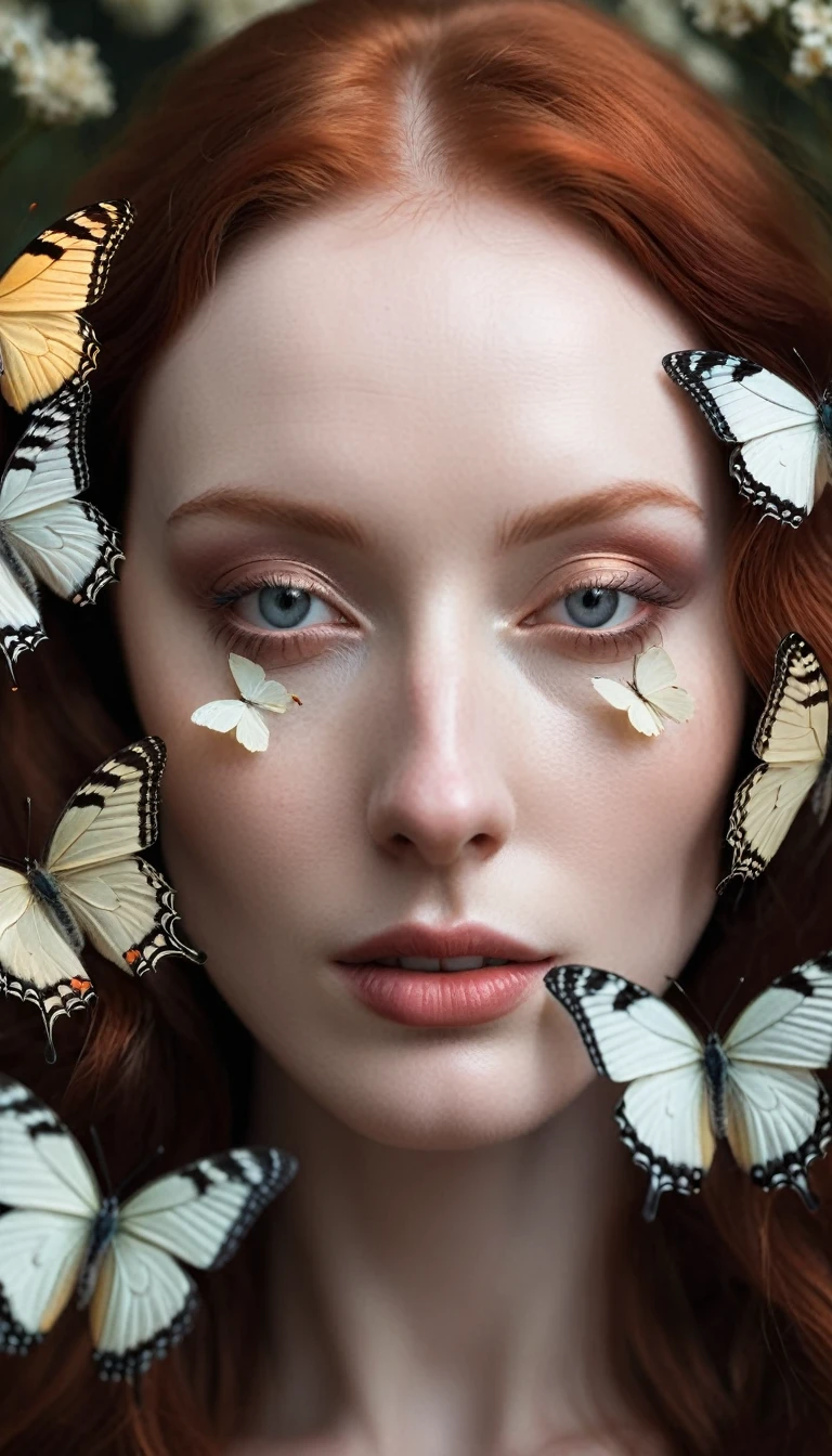 Portrait of a young woman with pale skin, red hair and delicate facial features.
On the face and around it there are large light butterflies, which partially cover her eyes and other parts of her face.
The facial expression is neutral, with slightly open lips, which adds a dreamy and mysterious look to the image.
The image is made in soft, in muted tones with an emphasis on the details of the butterflies and the face.
The background is dark, which emphasizes the contrast between him and the light butterflies and face.
The overall style of photography is surreal, with a focus on the combination of nature and human traits, creating an atmosphere of mystery and dreaminess.