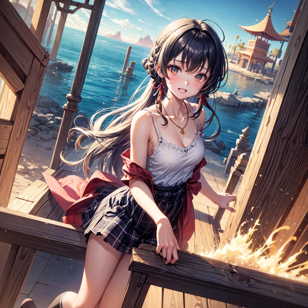 Red Blue Gold Hair、Golden Eyes、Braid、One good looking girl、solo、anime、Checkered mini skirt、Ruffles on the skirt、camisole、cardigan、Black knee-high socks、Wearing a baseball cap、Wearing a ribbon、Ribbon on waist、Tilting face、Teeth are visible、Sunset sky、Piercing the clouds、Contrail、Cumulonimbus、Pillar of Light、Silver coin necklace、A world of light、shine、From above、bell、torii、Desert Oasis、water is gushing out、Sparks are flying、Steps