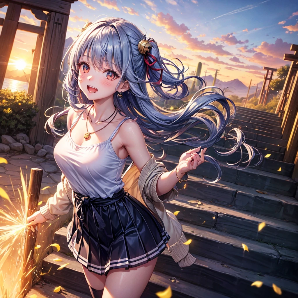 Red Blue Gold Hair、Golden Eyes、Braid、One good looking girl、solo、anime、Checkered mini skirt、Ruffles on the skirt、camisole、cardigan、Black knee-high socks、Wearing a baseball cap、Wearing a ribbon、Ribbon on waist、Tilting face、Teeth are visible、Sunset sky、Piercing the clouds、Contrail、Cumulonimbus、Pillar of Light、Silver coin necklace、A world of light、shine、From above、bell、torii、Desert Oasis、water is gushing out、Sparks are flying、Steps