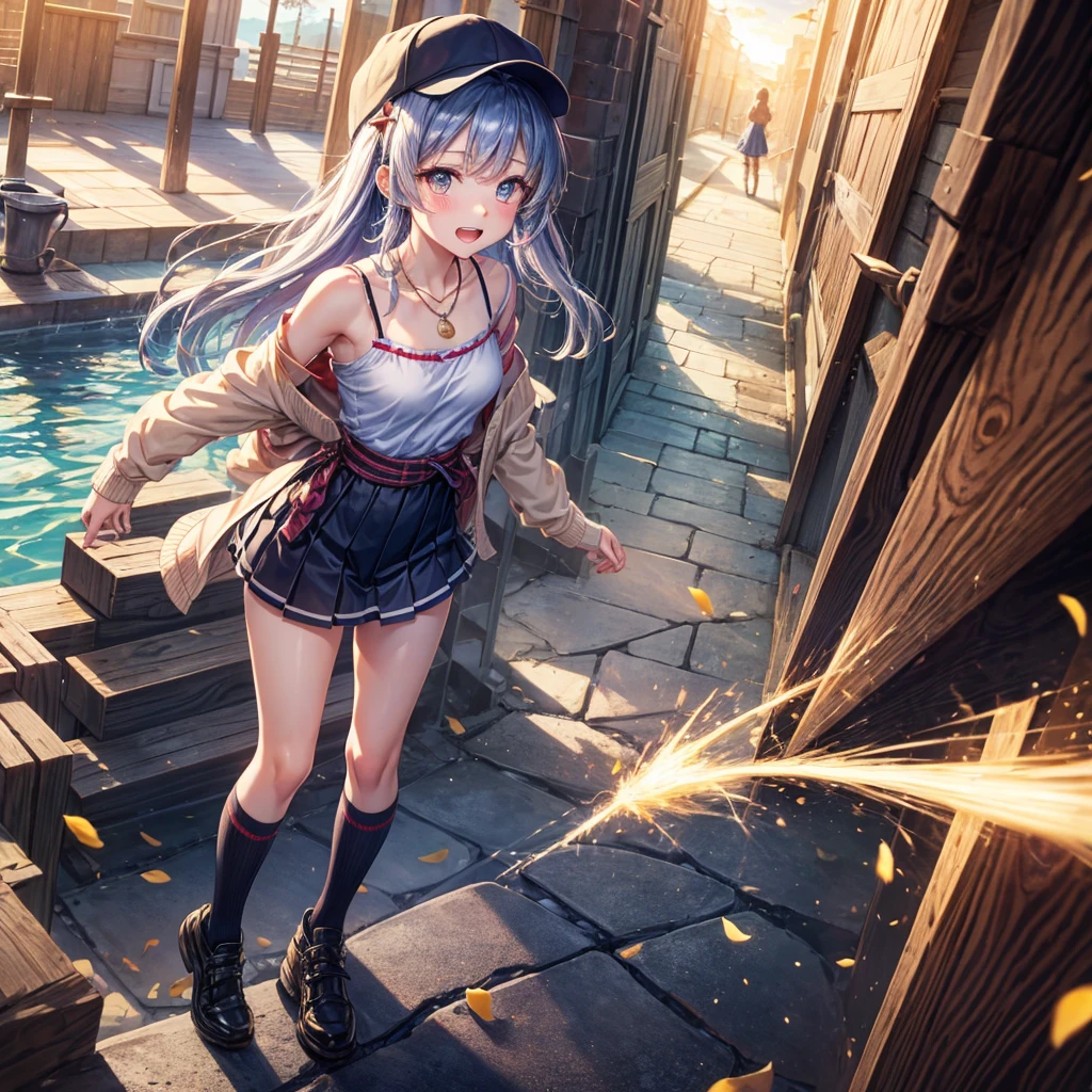 Red Blue Gold Hair、Golden Eyes、Braid、One good looking girl、solo、anime、Checkered mini skirt、Ruffles on the skirt、camisole、cardigan、Black knee-high socks、Wearing a baseball cap、Wearing a ribbon、Ribbon on waist、Tilting face、Teeth are visible、Sunset sky、Piercing the clouds、Contrail、Cumulonimbus、Pillar of Light、Silver coin necklace、A world of light、shine、From above、bell、torii、Desert Oasis、water is gushing out、Sparks are flying、Steps