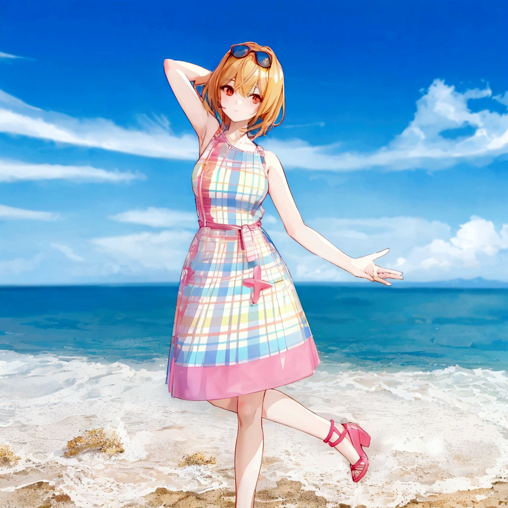 There is a woman in a dress standing on the beach, sayori, whole body:: sunny::, Standing near the beach, Cute 3D anime girl render, Fashion pose, Dancing on the beach, She is dancing. Realistic, Asuka as a surfer model, change, !!whole body portrait!!, Girl on the beach, Stylish pose