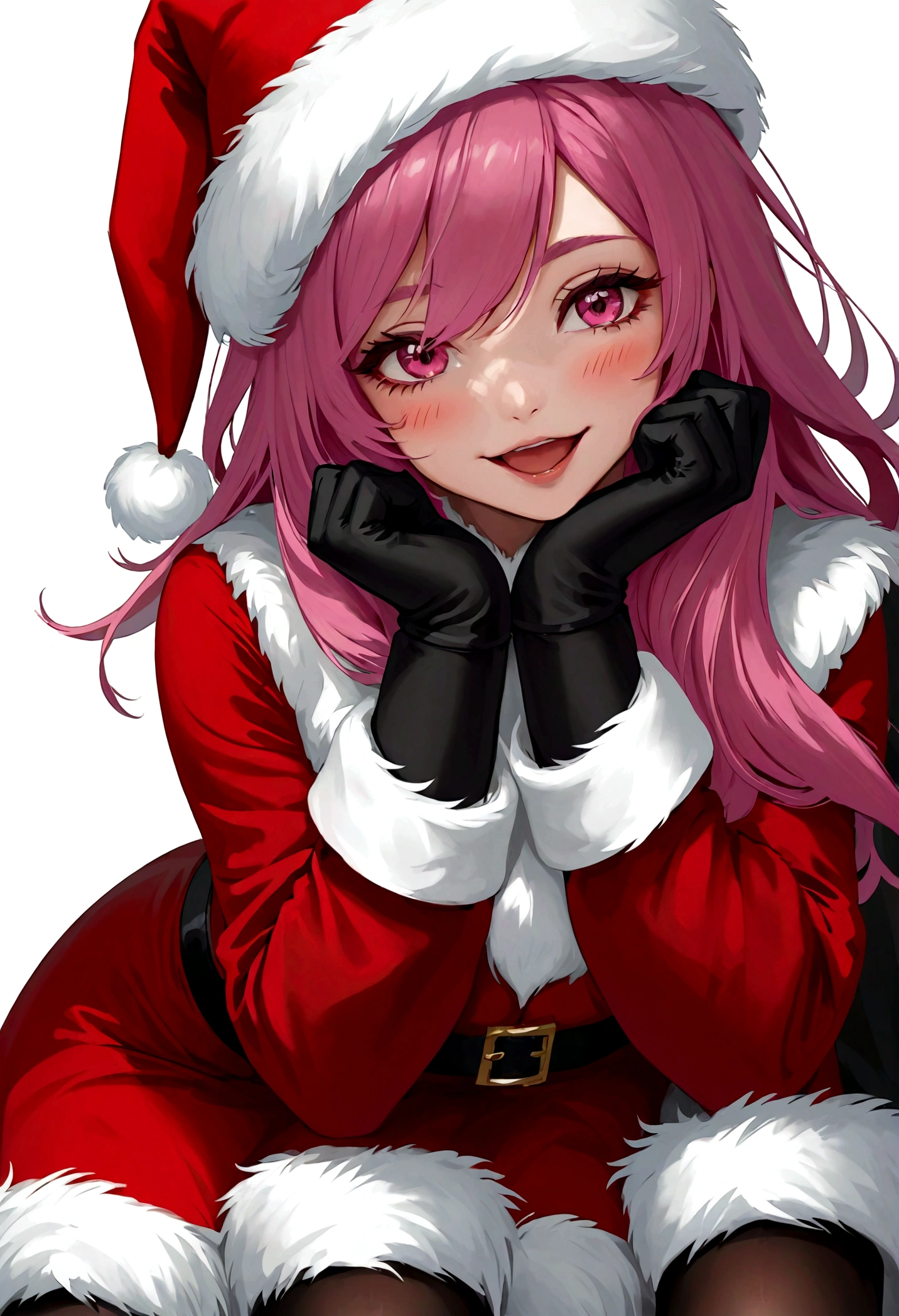 masterpiece,1 Girl, Serena,pink_hair, Gloves, Black_Gloves, fur_prune, have, Santa Claus_Costumes, Christmas, Open it_Mouth, Smile, bell, Solitary, Red_Headdress, Pantyhose, White_background, pink_Eye, Santa Claus_have, 