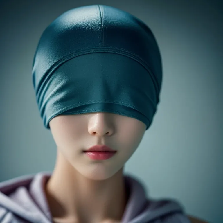 masterpiece, best quality, cinematic photo of masterpiece, best quality, cinematic photo of bald young korean kpop idol woman with shaved head, sleep cap covering head, ears, and eyes, sleep cap covering eyes as a blindfold, sleep cap hooded over eyes as a blindfold, photograph, film, highres, photograph, film, highres