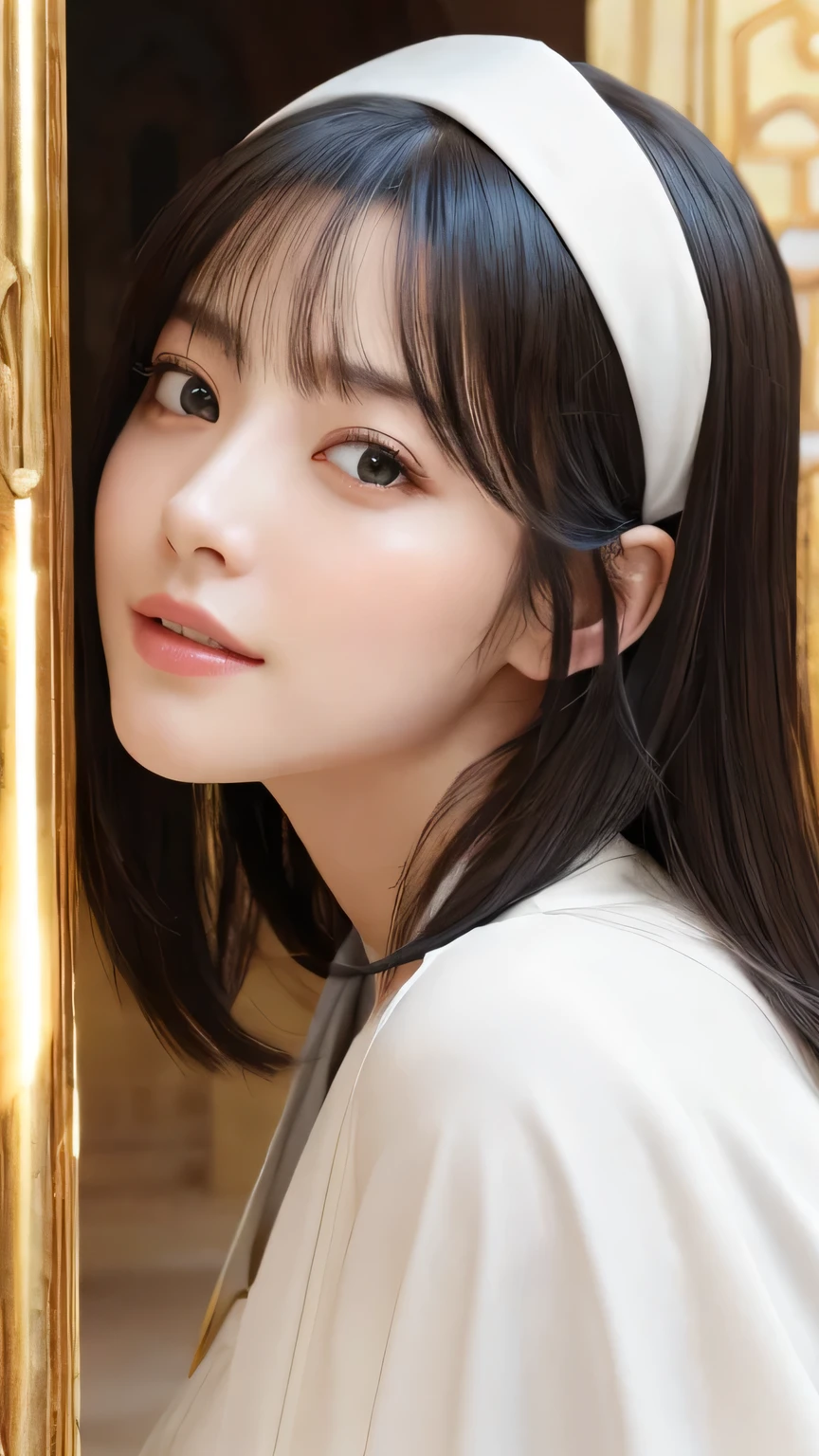 Non-NSFW、Realistic、highest quality、highest quality、masterpiece、Ultra-high resolution、RAW Photos、Realistic、Bright lighting、Face Light、Smooth Professional Lighting、Looking into the camera、alone、Adult female、Beautiful woman、Super Beauty、realistic skin、Moisturized Skin、Realistic eyes and faces、Perfect model body shape、Beautiful Eyes、Big eyes、Inconspicuous tear bags、slim、Medium sized big breasts、No bra、Beautiful fingers、Very short hair、Jet Black Hair、Iris、Looks happy、(Both ears are hidden by hair)、(saint&#39;s pure white dress)、Fantasy World、Medieval Europe、saint、(((Holy Priestess)))、Inside the temple, Small Ass, (Venus&#39; Breasts:1.5), A konigsreuter, (white Priest's robe:1.6),(standing leaning forward:1.2),(from below:1.5)