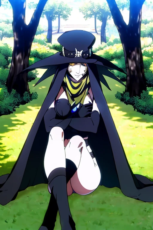 Scathach, girl1, solo, hat cape, smile, yellow eyes, white skin, cape, shin megami tensei, gloves, black shirt, black socks, sitting ,park (masterpiece, best quality:1.2) forest