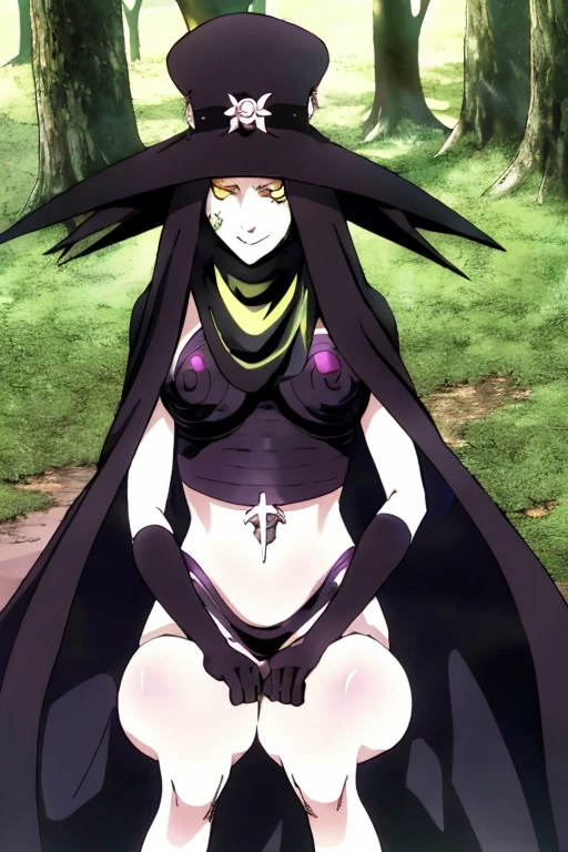 Scathach, girl1, solo, hat cape, smile, yellow eyes, white skin, cape, shin megami tensei, gloves, black shirt, black socks, sitting ,park (masterpiece, best quality:1.2) forest