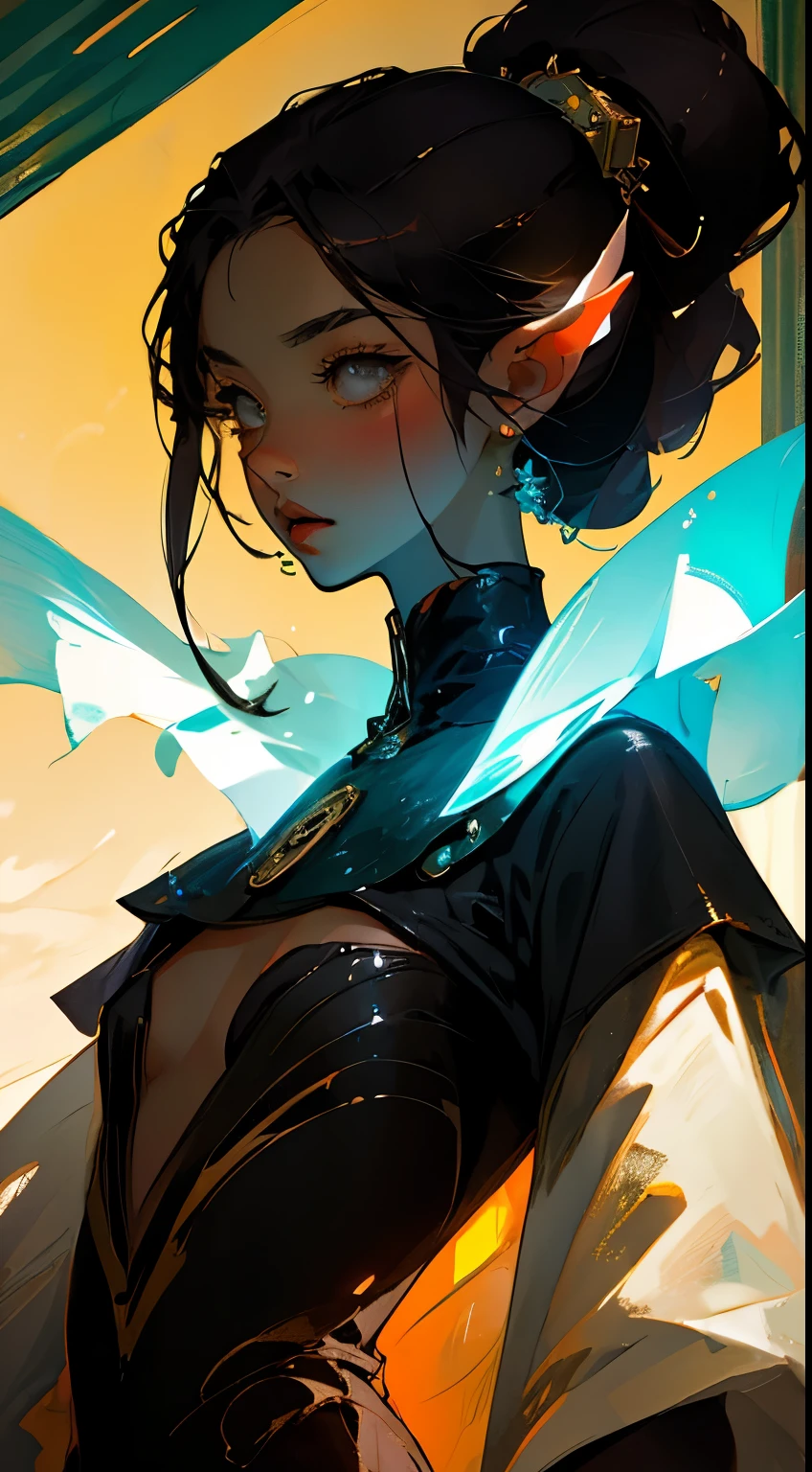 Close-up of avatar, dark clothes, color hair, minimalist accessories, High cooling temperament, modern, Warm shimmer background, flat style, Maximalism, flat illustration（Important vocabulary）（Important vocabulary）,Ichiro Tsuruta style, Cinematic texture