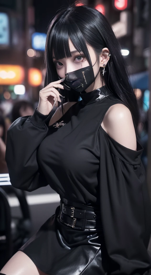 CREATE A GIRL WITH LONG BLACK HAIR FRINGES WITH A BLACK COSTUME IN A HEROINE STYLE SKIRT WITH MASK 