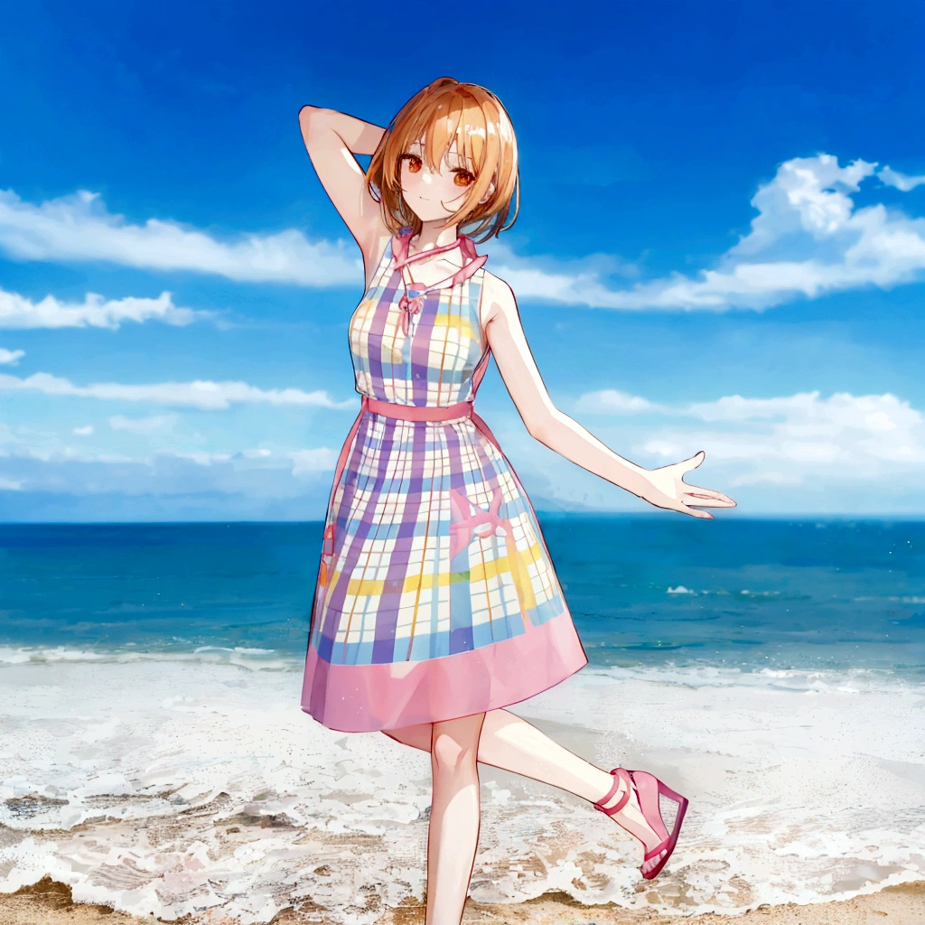 There is a woman in a dress standing on the beach, sayori, whole body:: sunny::, Standing near the beach, Cute 3D anime girl render, Fashion pose, Dancing on the beach, She is dancing. Realistic, Asuka as a surfer model, change, !!whole body portrait!!, Girl on the beach, Stylish pose