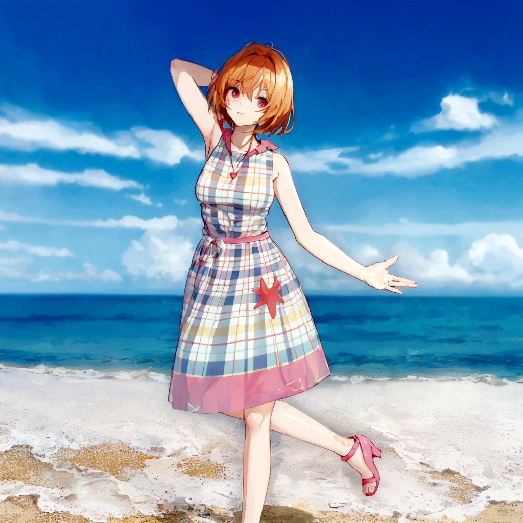 There is a woman in a dress standing on the beach, sayori, whole body:: sunny::, Standing near the beach, Cute 3D anime girl render, Fashion pose, Dancing on the beach, She is dancing. Realistic, Asuka as a surfer model, change, !!whole body portrait!!, Girl on the beach, Stylish pose
