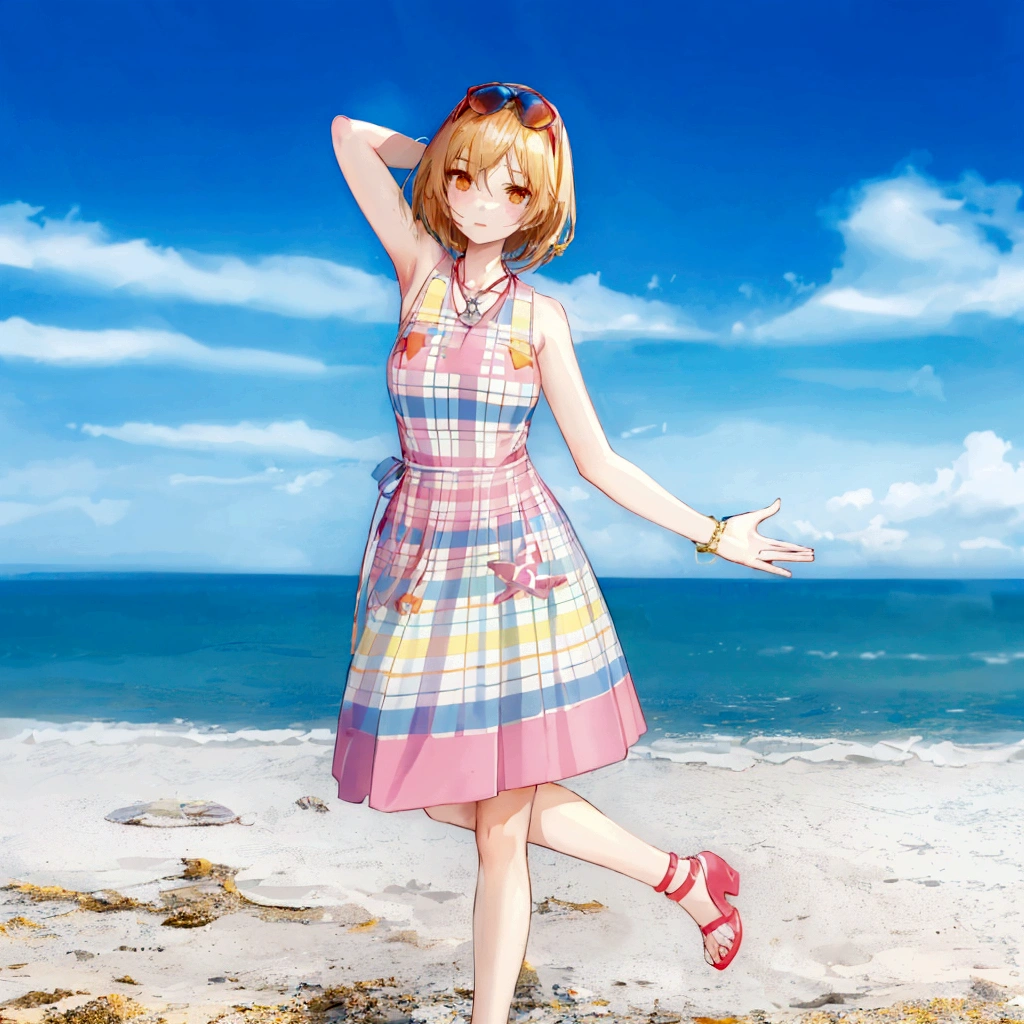 There is a woman in a dress standing on the beach, sayori, whole body:: sunny::, Standing near the beach, Cute 3D anime girl render, Fashion pose, Dancing on the beach, She is dancing. Realistic, Asuka as a surfer model, change, !!whole body portrait!!, Girl on the beach, Stylish pose