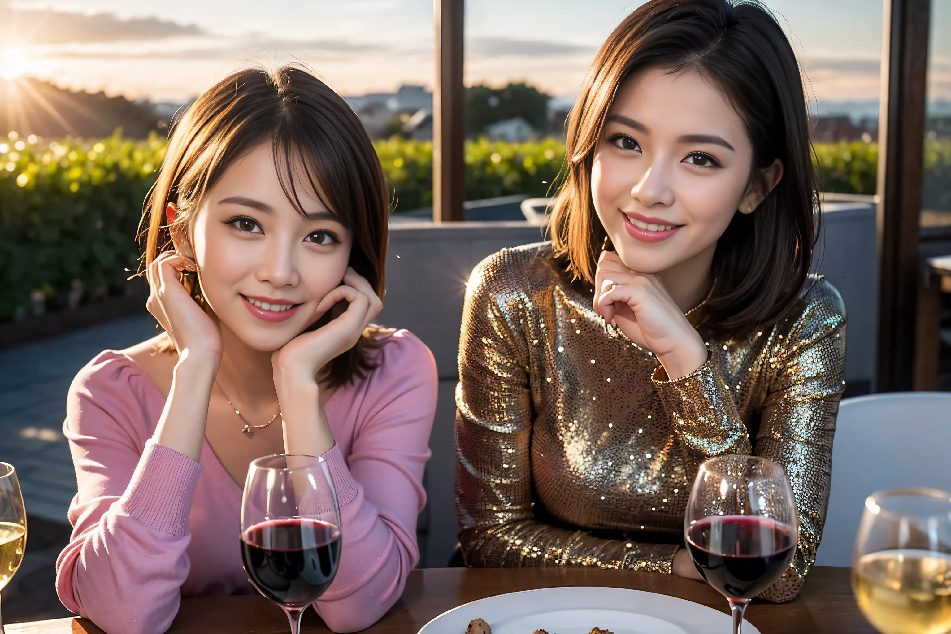 ((highest quality、8k、masterpiece:1.3))、 (Genuineistic, Genuine、Bright image、Intricate details:1.2), Best smile 1 man 1 woman、Beautiful Couple、Slim lover、Lover/Mistress、actresodel、Smile、full-course dinner、 (Slim face), (The body is slim), (Brown Hair), (short hair), Wine glass on the table、Please shine a light on my face、 Amazing view of the sunset sky and clouds、 (Age 44), 41 years old, red wine 、Appetizers、Wine bottle、sparkling wine、Long sleeve shirt、dress、White wine, red wine, wine glass,