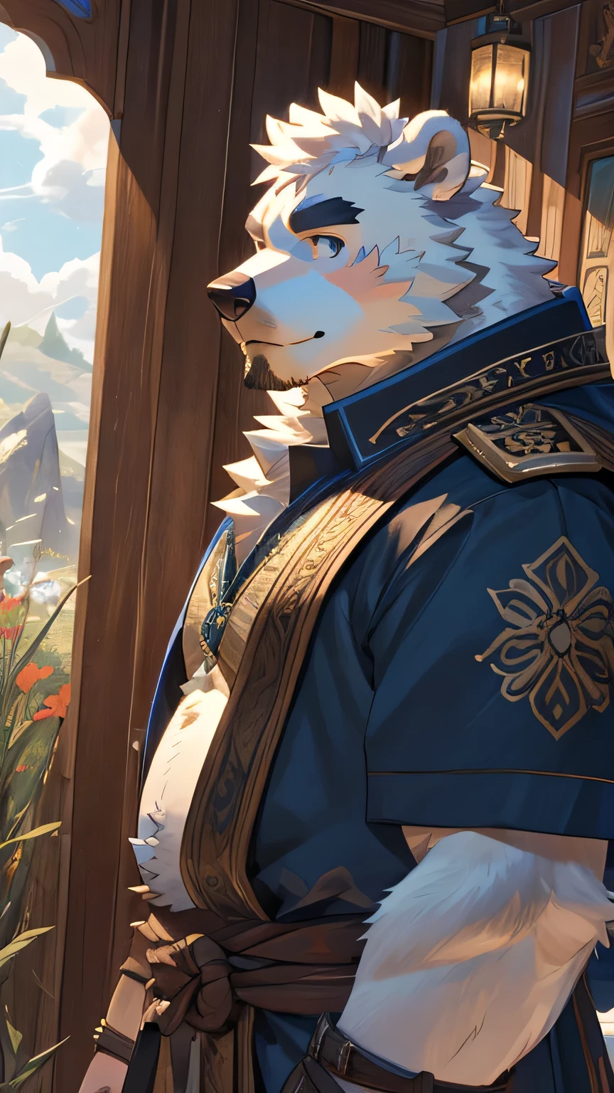 solitary, masterpiece, best quality, Very detailed, fine details, 8k resolution, hairy,Polar Bear,male,White fur,full white,charming,Sell cute,fat,肥fat,Round Face,round belly,Bear ears,Adventurer dress-up,Thick eyebrows,20 years old,Holding a long sword,grassland,masterpiece scenario,Highest quality scenes,Detailed facial depiction,Blue pupils,Genshin Impact,Anime screenshots,