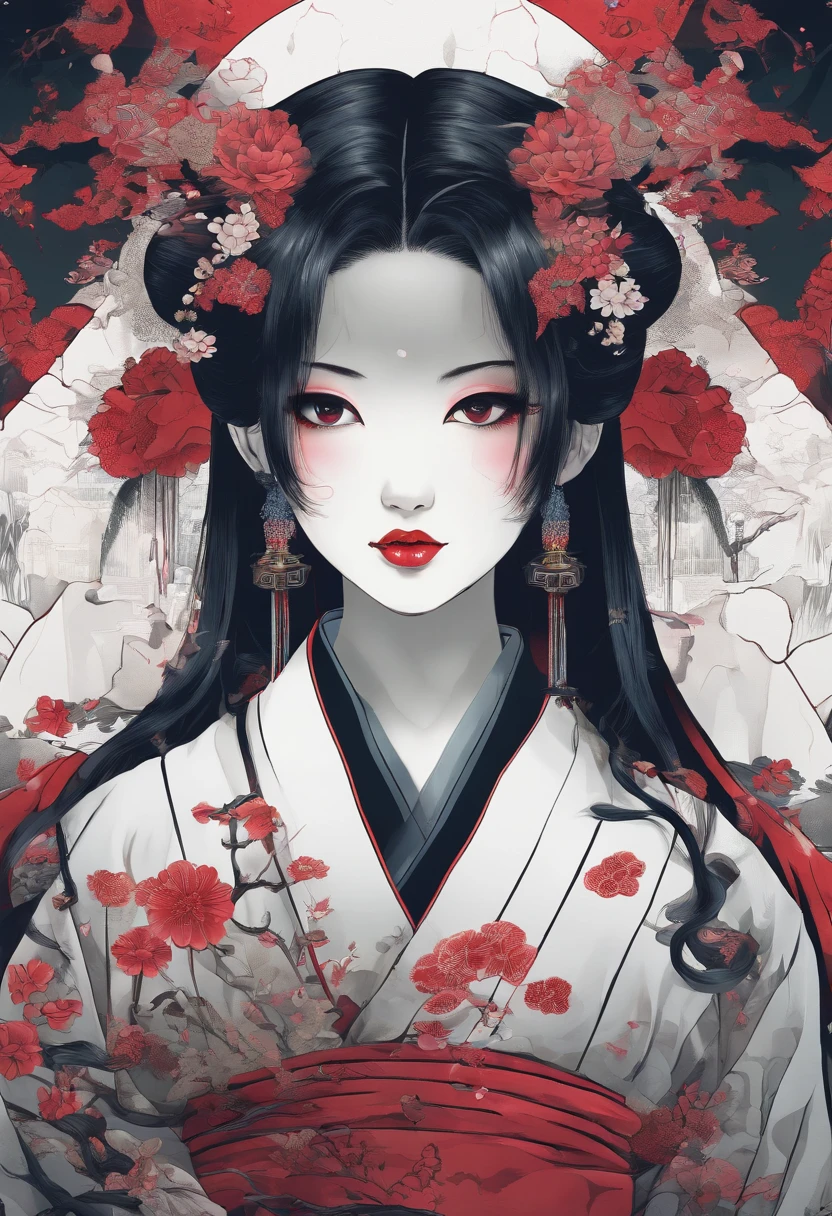 horror dark horror (best quality,4k,8k,highres,masterpiece:1.2),ultra-detailed,realistic, fullbody traditional japanese porcelain geisha She's adorned in loose-fitting, edgy streetwear that screams westside gang hip-hop swagger. fashion shoot editorial style