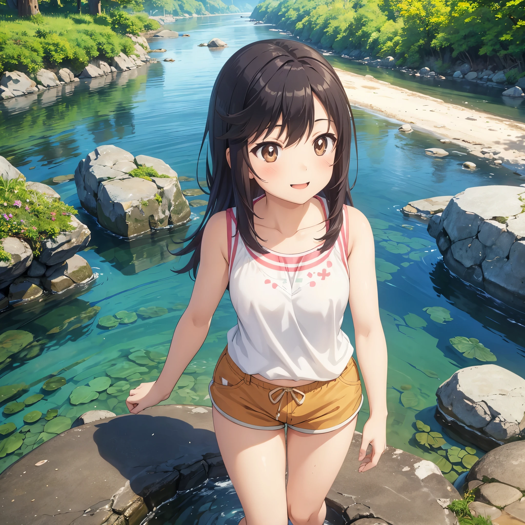 Girl playing in the river, 1girl, Ichijou Hotaru, smile, -yeld, bfoot, thighs, sleeveless, shorts, realistic skin texture, dynamic angle, CG, unity, 8k, wallpaper, highest quality, masterpiece, best lighting, detailed background, complex pupils, complex textile, Japanese countryside