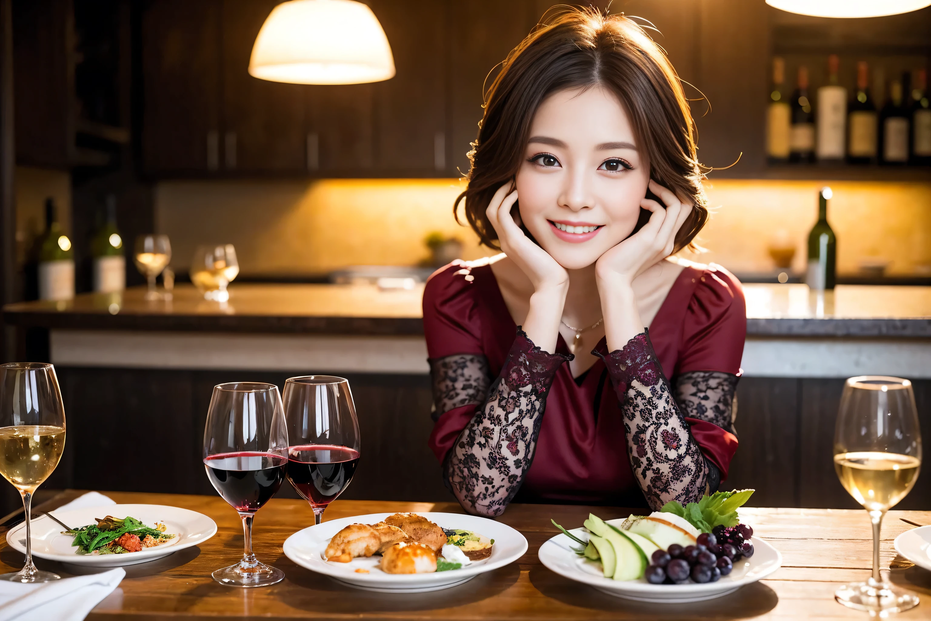 ((highest quality、8k、masterpiece:1.3))、 (Genuineistic, Genuine、Bright image、Intricate details:1.2), Best smile 1 man 1 woman、Beautiful Couple、Slim lover、Slim mistress、actresodel、Smile、full-course dinner、 (Slim face), (The body is slim), (Brown Hair), (short hair), Wine glass on the table、Please shine a light on my face、 Amazing view of the sunset sky and clouds、 (Age 44), 41 years old, red wine 、Appetizers、Wine bottle、sparkling wine、Long sleeve shirt、dress、White wine, red wine, wine glass,