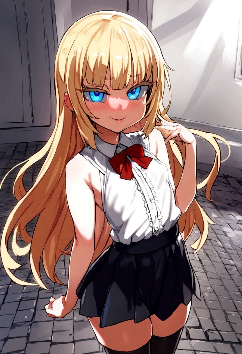 masterpiece, best quality, 1girl, solo, , bangs, long hair, blonde hair, blue eyes, smug, smile, small breasts, white blouse, red bow, black skirt thigh-highs, , looking dawn at viewer
