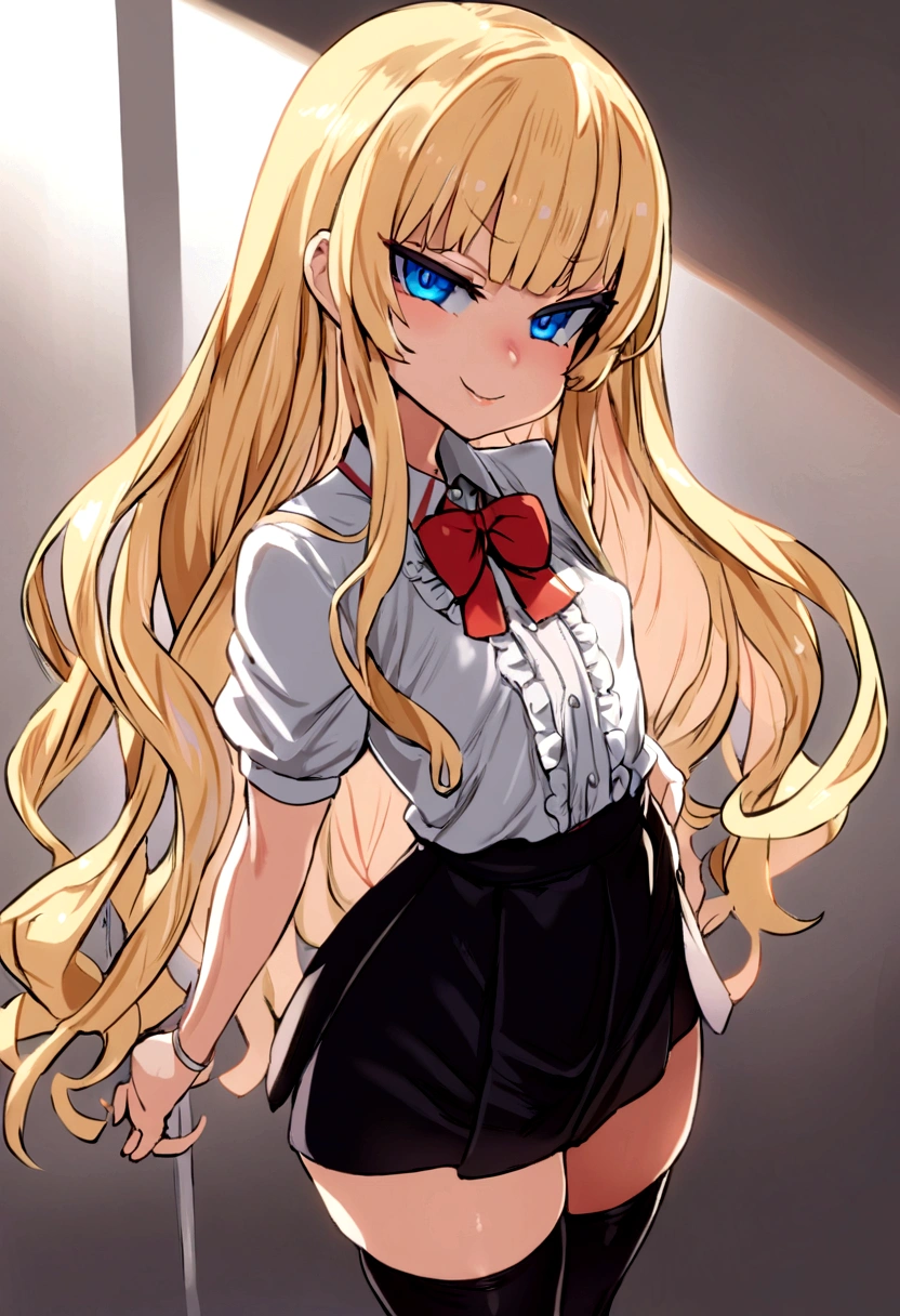 masterpiece, best quality, 1girl, solo, Loli, bangs, long hair, blonde hair, blue eyes, smug, smile, small breasts, white blouse, red bow, black skirt thigh-highs, , looking dawn at viewer