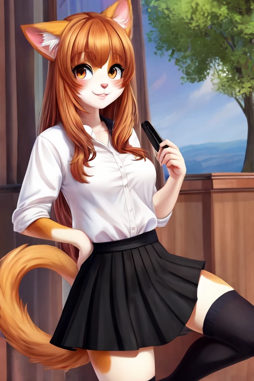 Calico cat girl furry with black skirt and long socks