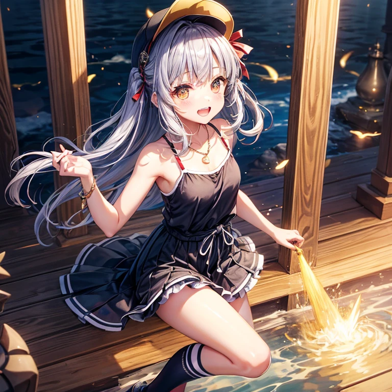 Red Blue Gold Hair、Golden Eyes、Braid、One good looking girl、solo、anime、Checkered mini skirt、Ruffles on the skirt、camisole、cardigan、Black knee-high socks、Wearing a baseball cap、Wearing a ribbon、Ribbon on waist、Tilting face、Teeth are visible、Sunset sky、Piercing the clouds、Contrail、Cumulonimbus、Pillar of Light、Silver coin necklace、A world of light、shine、From above、bell、torii、Desert Oasis、water is gushing out、Sparks are flying、Steps