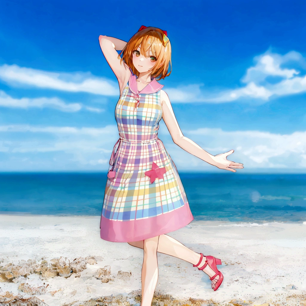 There is a woman in a dress standing on the beach, sayori, whole body:: sunny::, Standing near the beach, Cute 3D anime girl render, Fashion pose, Dancing on the beach, She is dancing. Realistic, Asuka as a surfer model, change, !!whole body portrait!!, Girl on the beach, Stylish pose