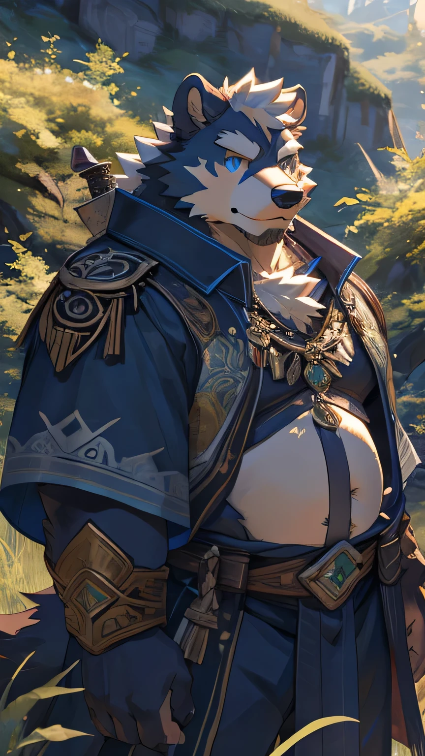 solitary, masterpiece, best quality, Very detailed, fine details, 8k resolution, hairy,Wolf,male,White fur,full white,charming,Sell cute,fat,肥fat,Round Face,round belly,Bear ears,Adventurer dress-up,Thick eyebrows,20 years old,Holding a long sword,grassland,masterpiece scenario,Highest quality scenes,Detailed facial depiction,Blue pupils,Genshin Impact,Anime screenshots,