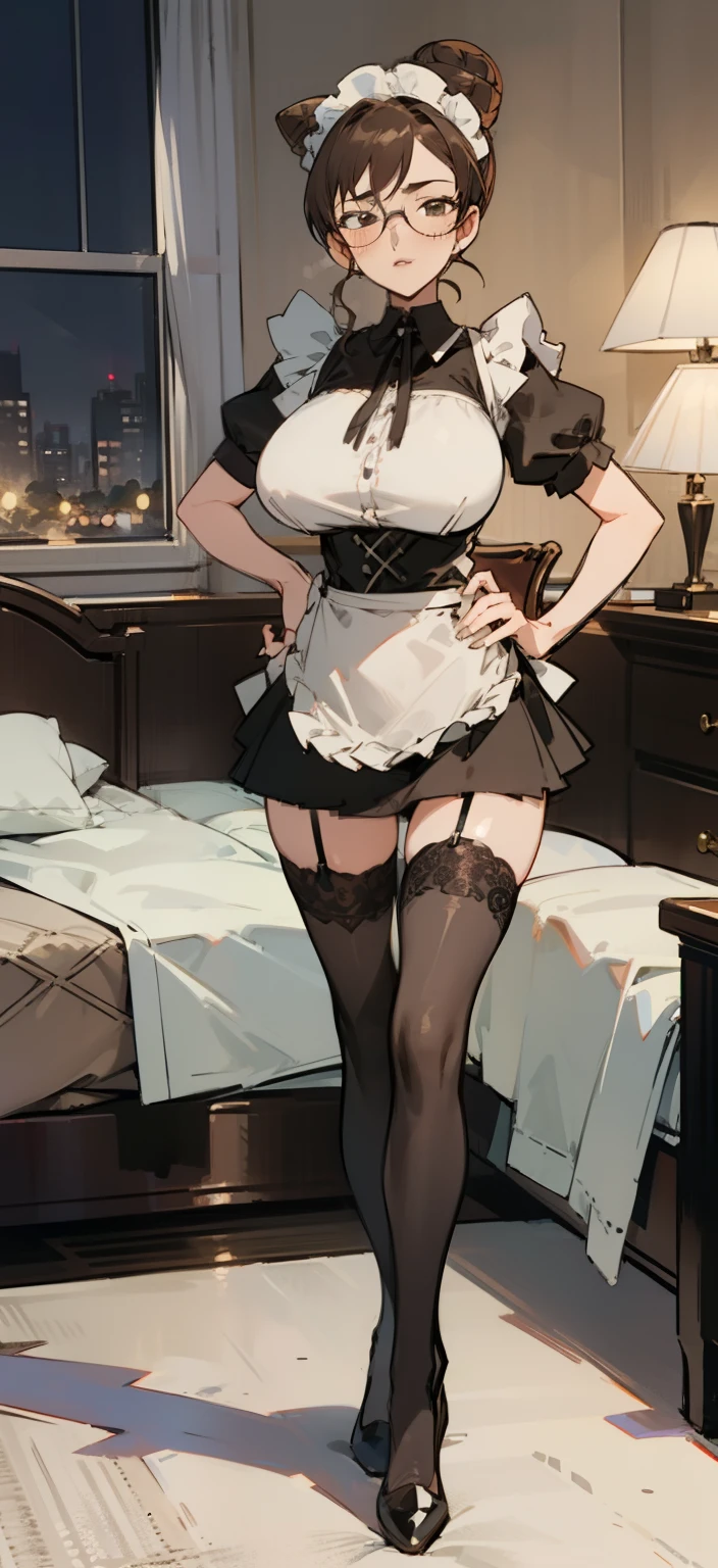 Night time,(Masterpiece), Best Quality, ultra-detailed, 1girl (eri,  Slender and sexy body, huge breasts, wide hips, naked body  brown hair, single hair bun, brown eyes,half-closed eyes, spectacles), smirk,parted lips,  facing viewer, looking at viewer, solo, maid (black), frill, apron, ultra mini skirt, maid headdress, black lace  thighhighs, in the  bedroom, standing,  Sexy waist teasing , full body 