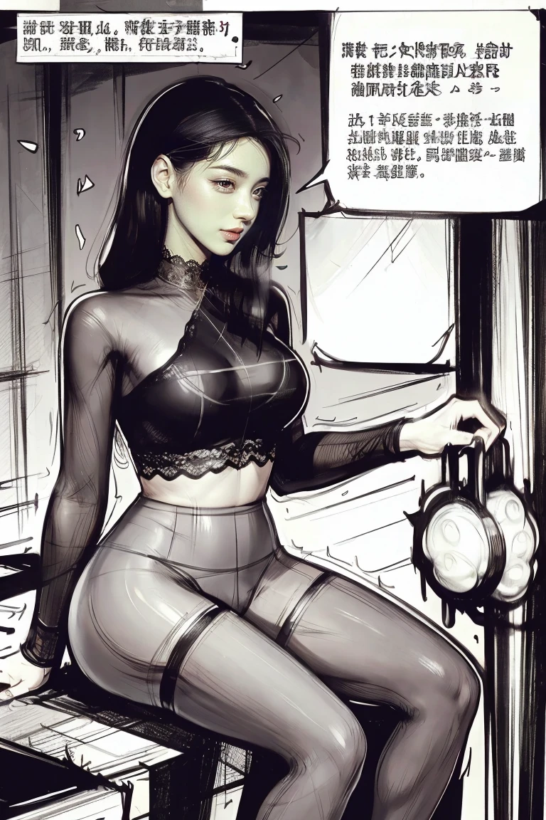 The beautiful girl in lace top and leggings is sitting astride a pile of skeletons in the center of the picture. She is holding a trembling sausage with juice squeezed out in her hand and smiling. There are multiple comic storyboards in the background，cbt, sausage bondage,sausage insertion,Sexy, trampling sausage with high heels heel,(masterpiece, best quality:1.2)，1 beautiful girl,sexy，comic storyboard:2, leggings, sit astride, axially symmetrical:2, ,femdom，sounding，cbt，hold，smile，colorful，leggings，thin gap，cameltoe，insertion，trembling，juice，spray， Long hair,Lace top,Sexy, Shiny leggings, High heel，cleveage, trampling, in forest, saliva , Mucus，